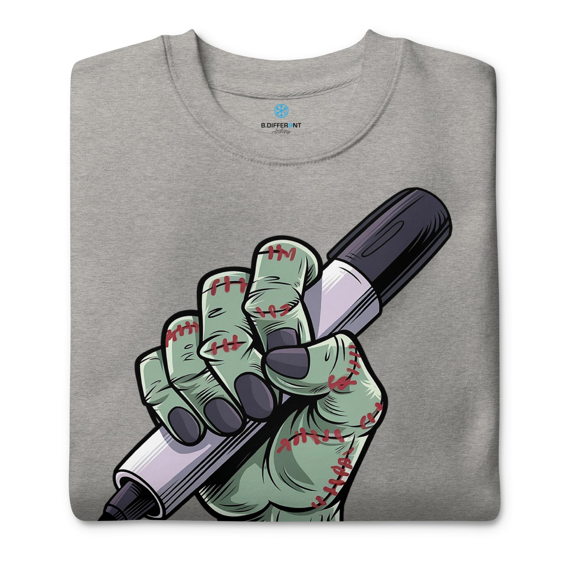 Gray-Thing Graffiti Sweatshirt from B.Different Clothing, folded, graffiti-inspired streetwear