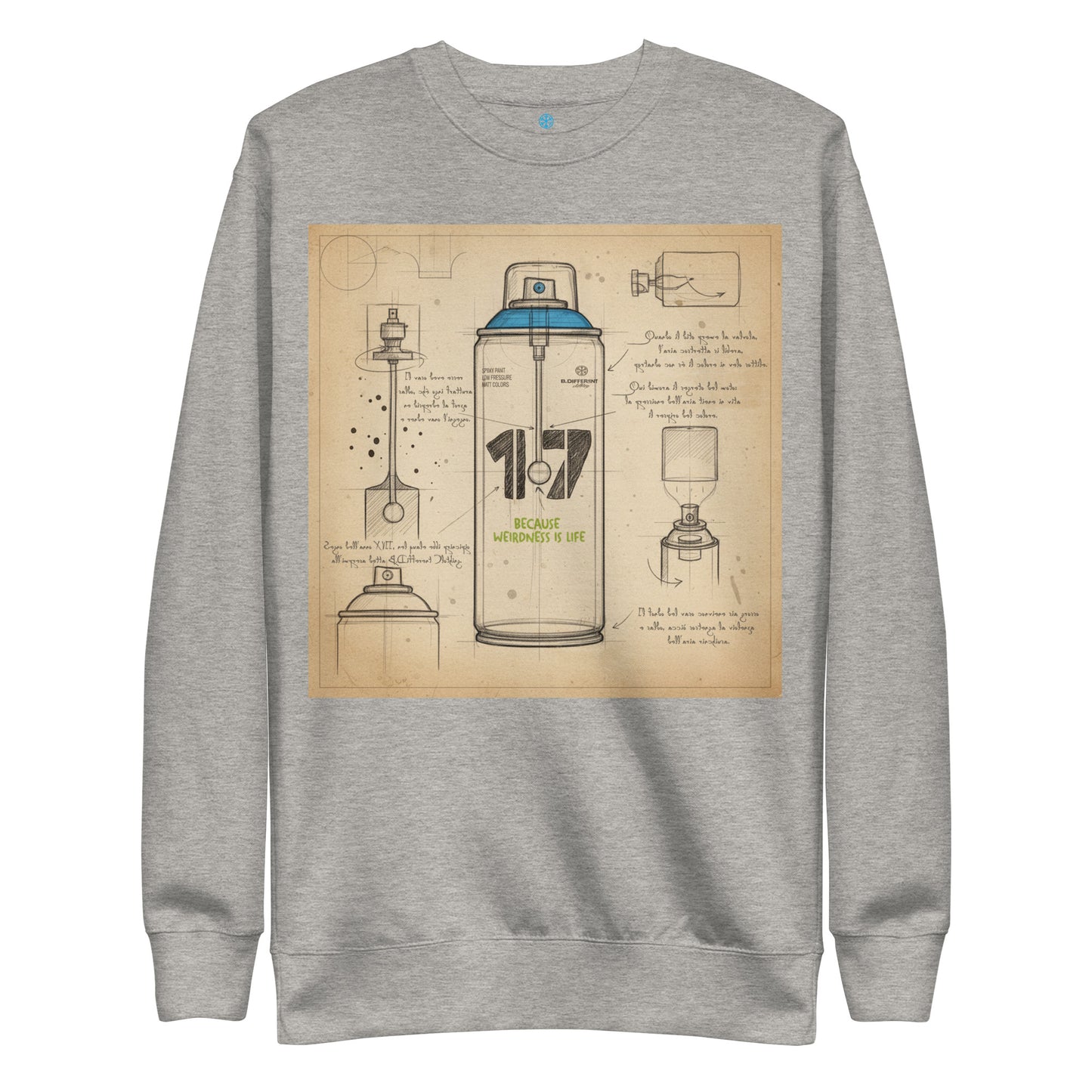 Gray-Spray Can Sketch Graffiti Sweatshirt from B.Different Clothing, front view, graffiti-inspired streetwear