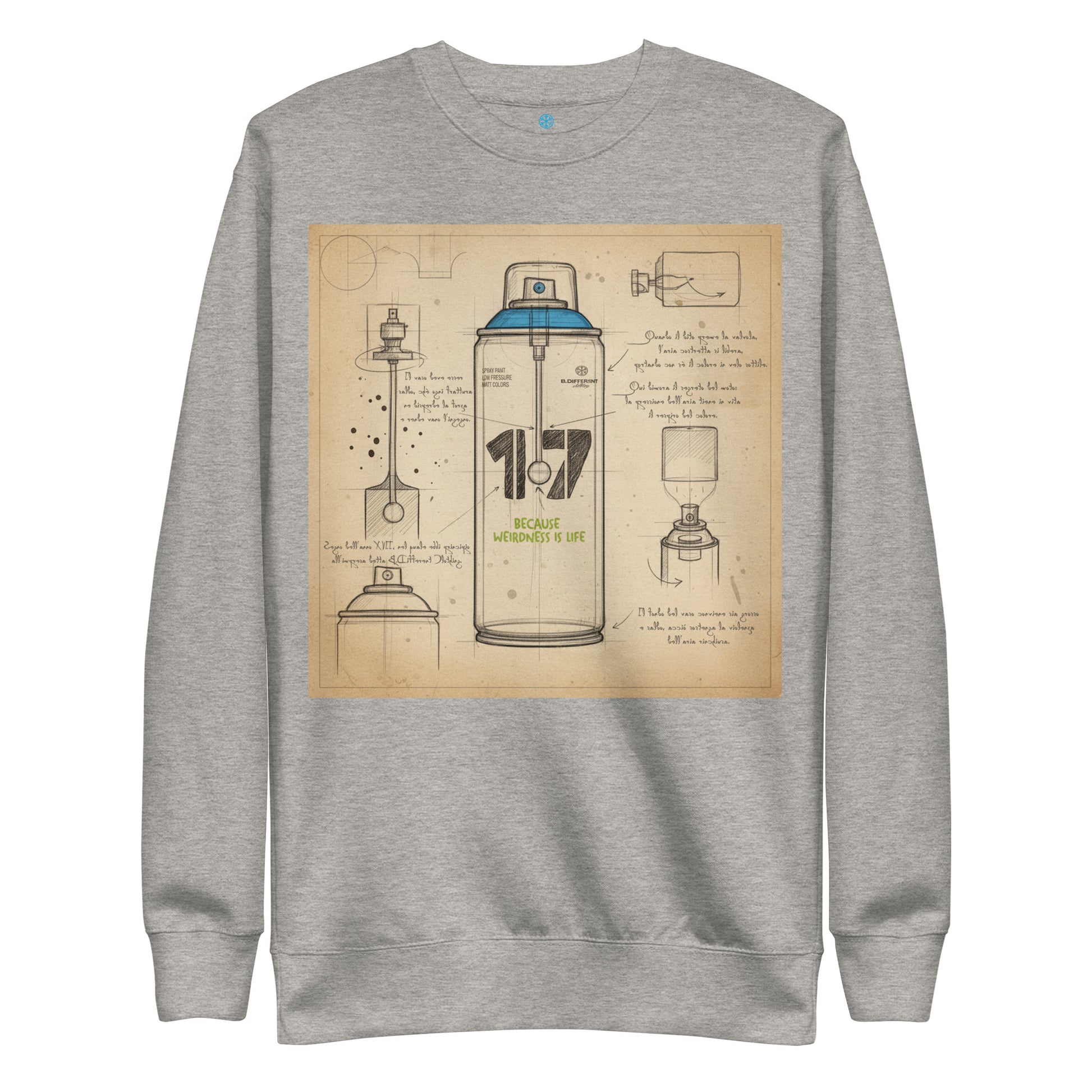 Gray-Spray Can Sketch Graffiti Sweatshirt from B.Different Clothing, front view, graffiti-inspired streetwear