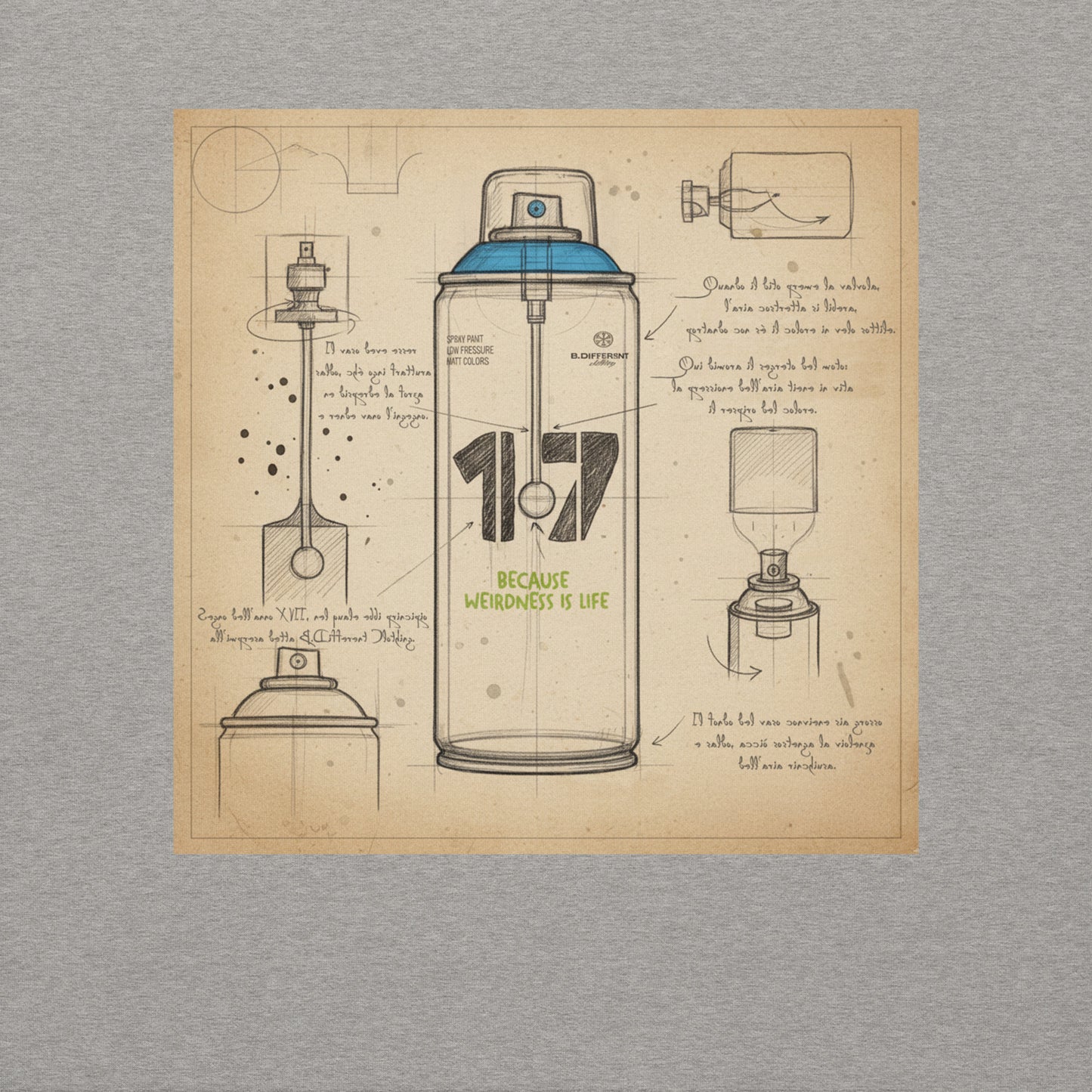 Gray-Spray Can Sketch Graffiti Sweatshirt from B.Different Clothing, graphic, graffiti-inspired streetwear