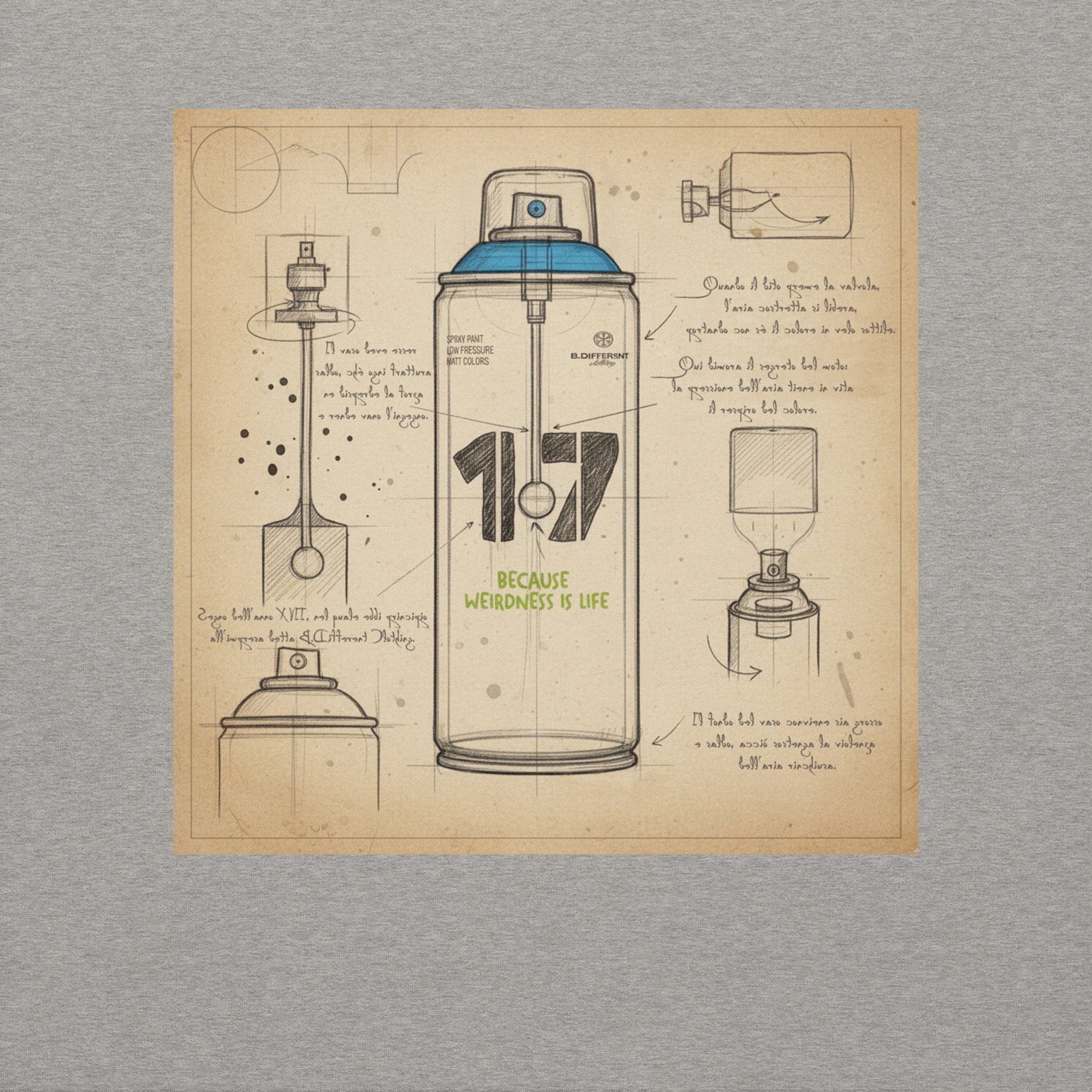 Gray-Spray Can Sketch Graffiti Sweatshirt from B.Different Clothing, graphic, graffiti-inspired streetwear