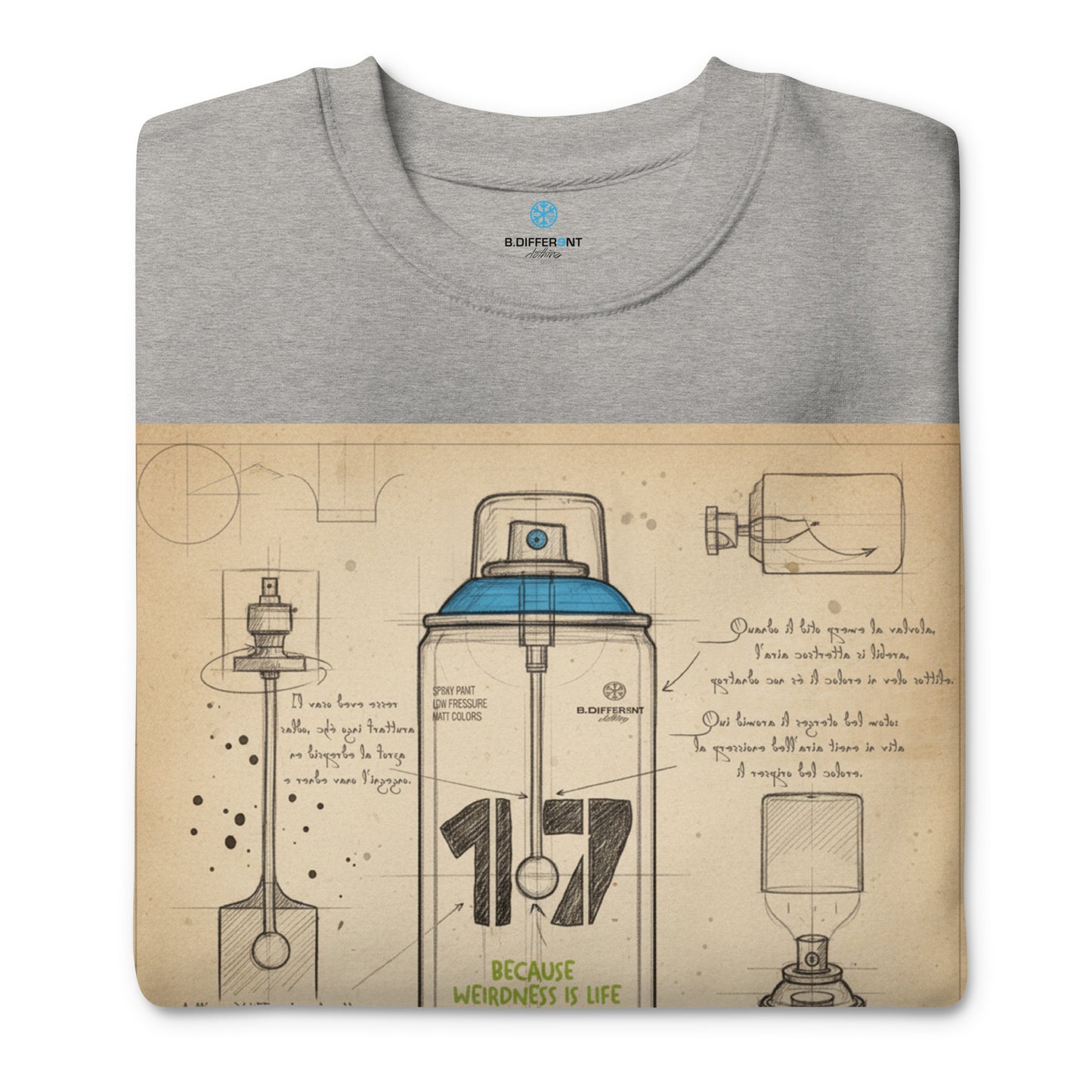 Gray-Spray Can Sketch Graffiti Sweatshirt from B.Different Clothing, folded, graffiti-inspired streetwear