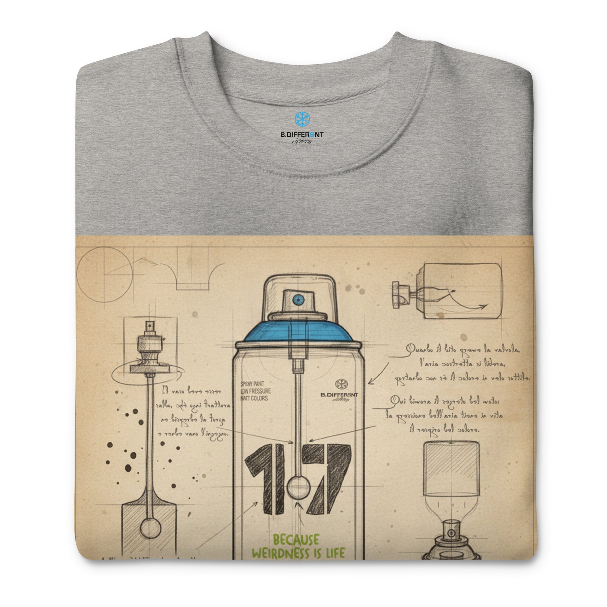 Gray-Spray Can Sketch Graffiti Sweatshirt from B.Different Clothing, folded, graffiti-inspired streetwear