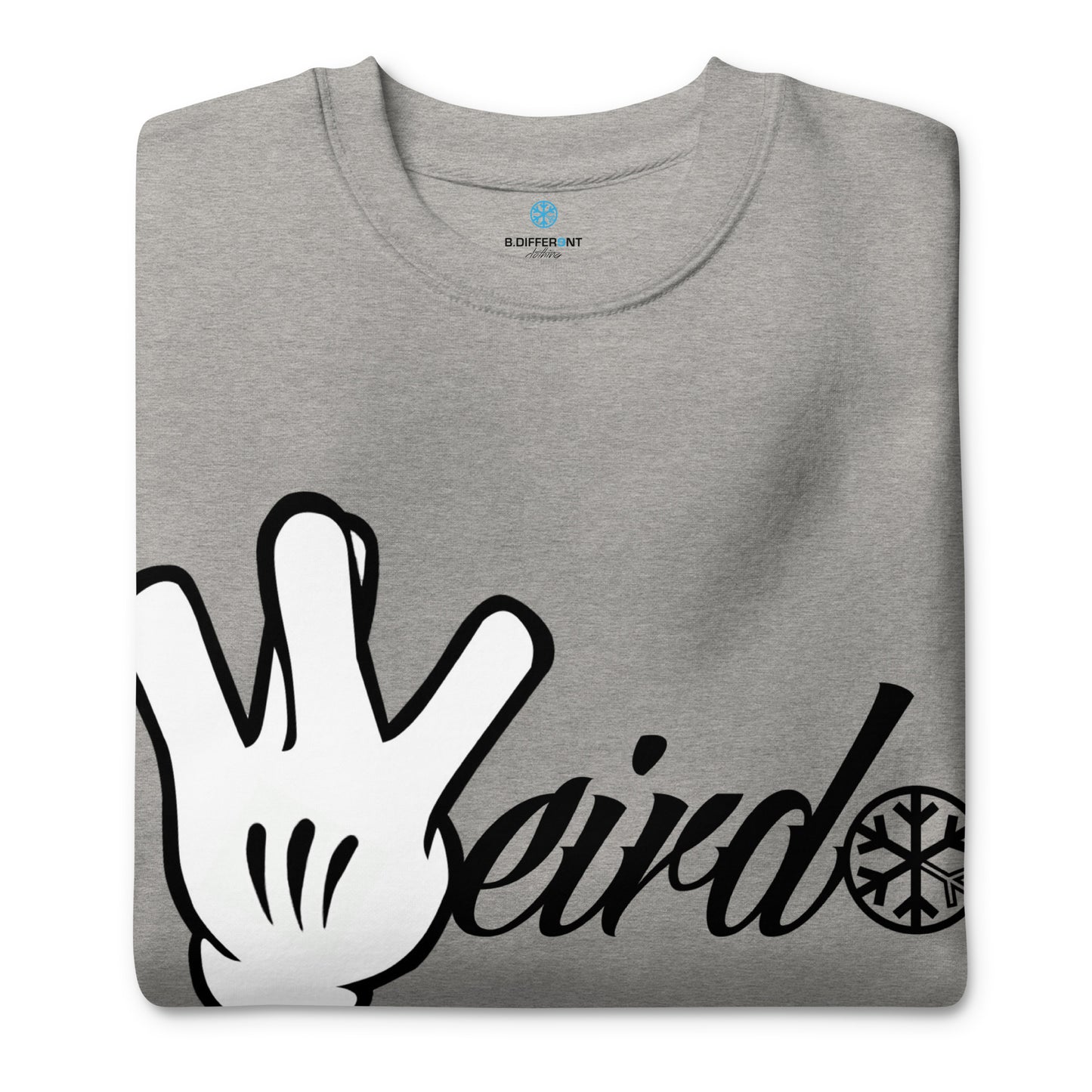 Gray-Weirdo Hand Sign Sweatshirt from B.Different Clothing, folded, graffiti-inspired streetwear