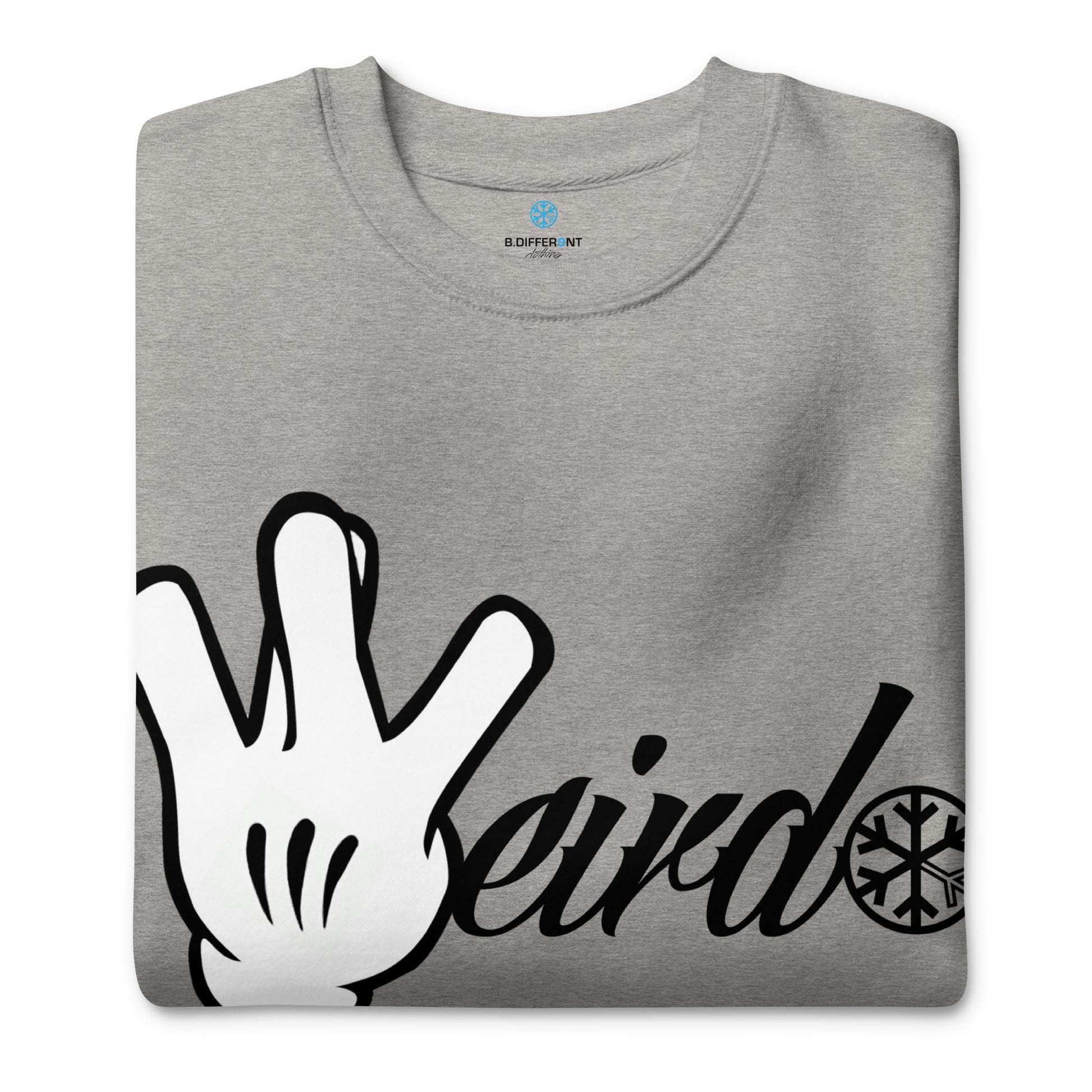 Gray-Weirdo Hand Sign Sweatshirt from B.Different Clothing, folded, graffiti-inspired streetwear