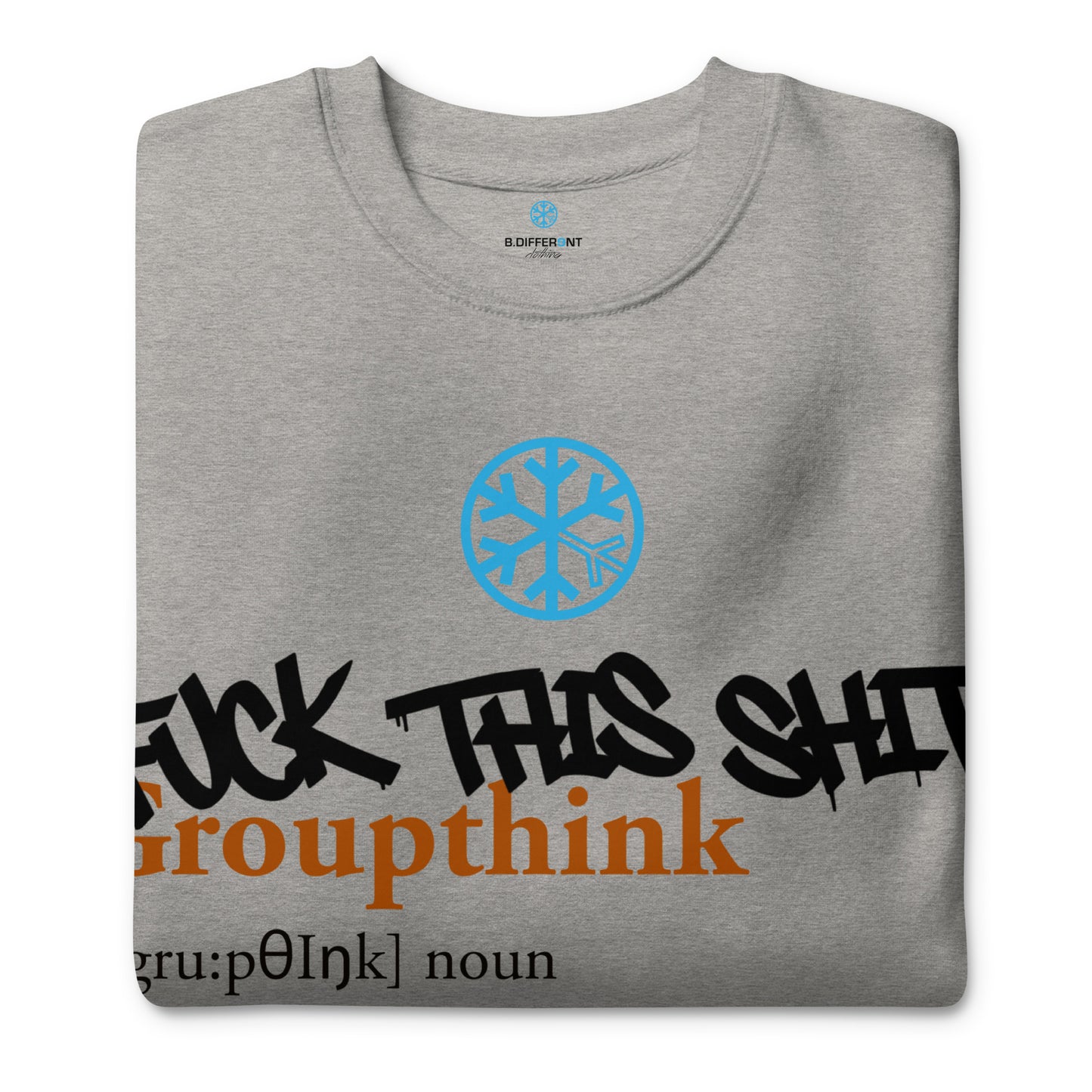 Gray-Groupthink Graffiti Sweatshirt from B.Different Clothing, folded, graffiti-inspired streetwear