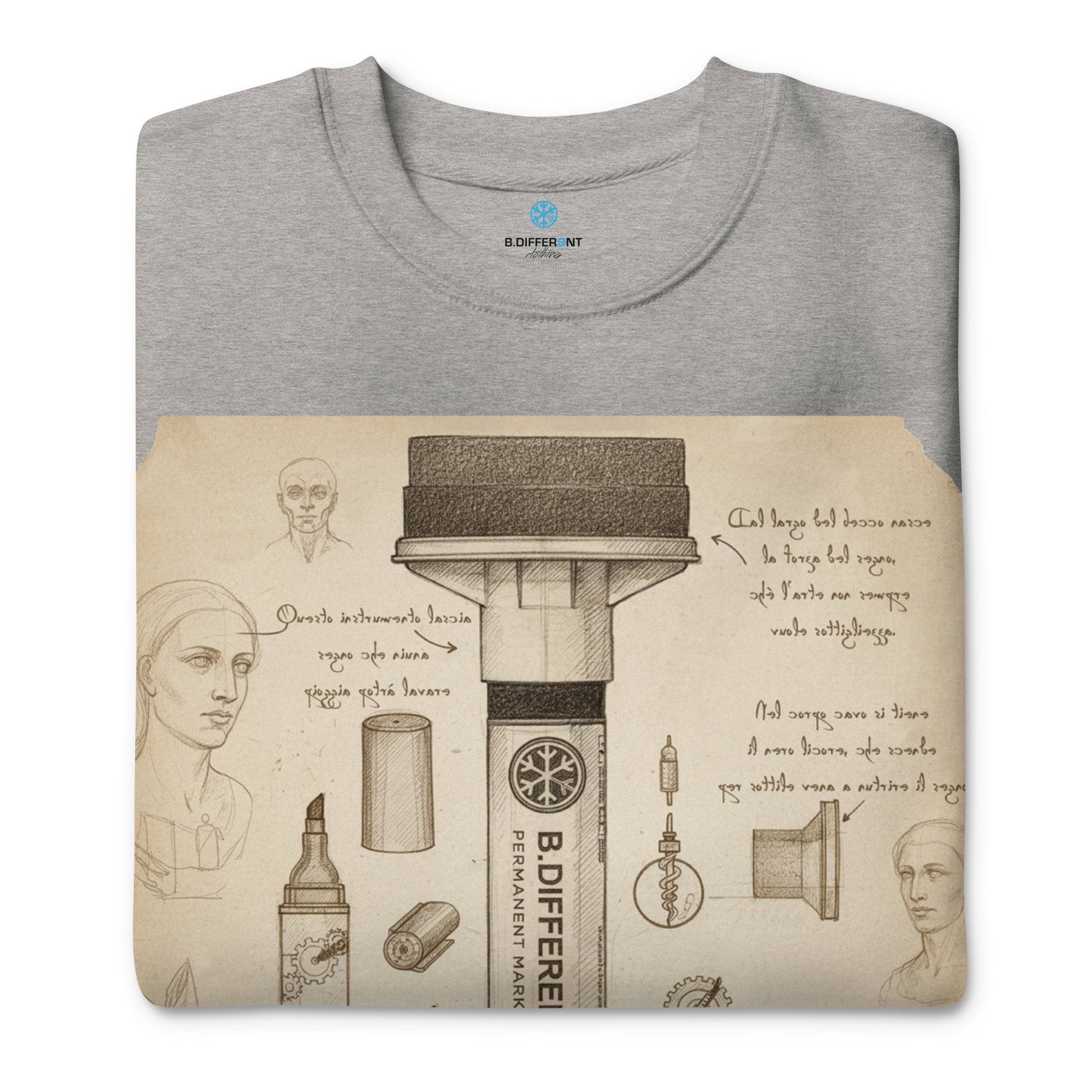 Gray-Marker Sketch Graffiti Sweatshirt from B.Different Clothing, folded, graffiti-inspired streetwear