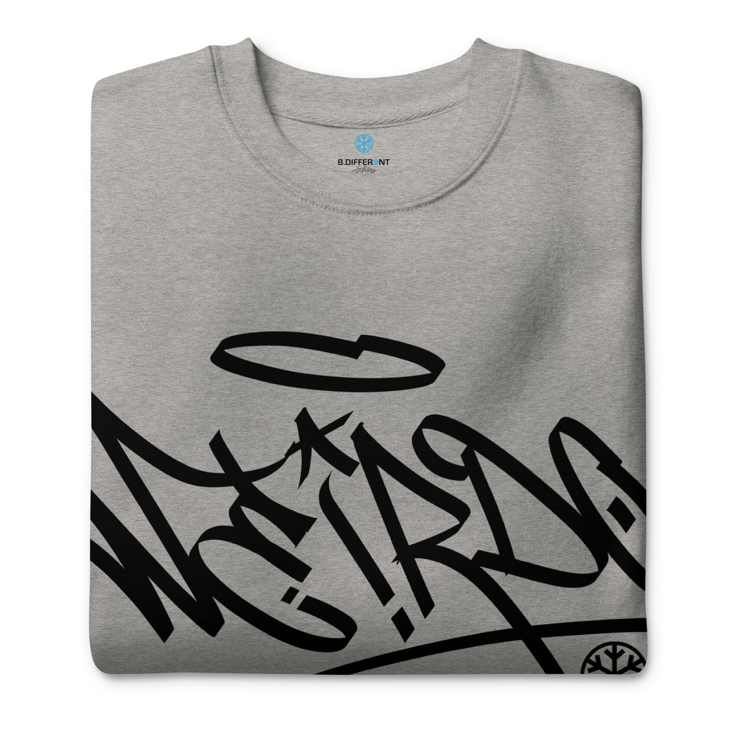Gray-Weirdo Tag Graffiti Sweatshirt from B.Different Clothing, folded, graffiti-inspired streetwear