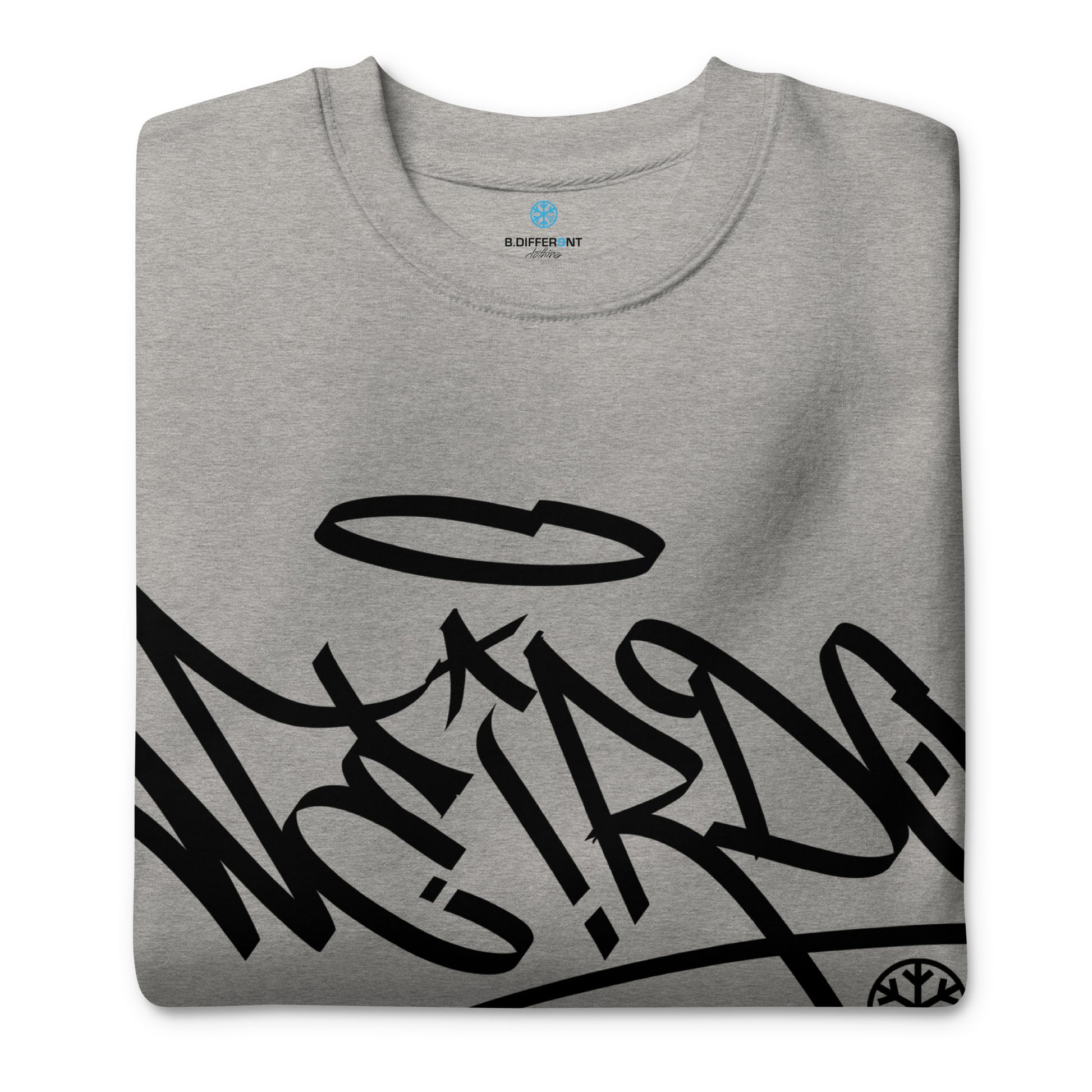 Gray-Weirdo Tag Graffiti Sweatshirt from B.Different Clothing, folded, graffiti-inspired streetwear