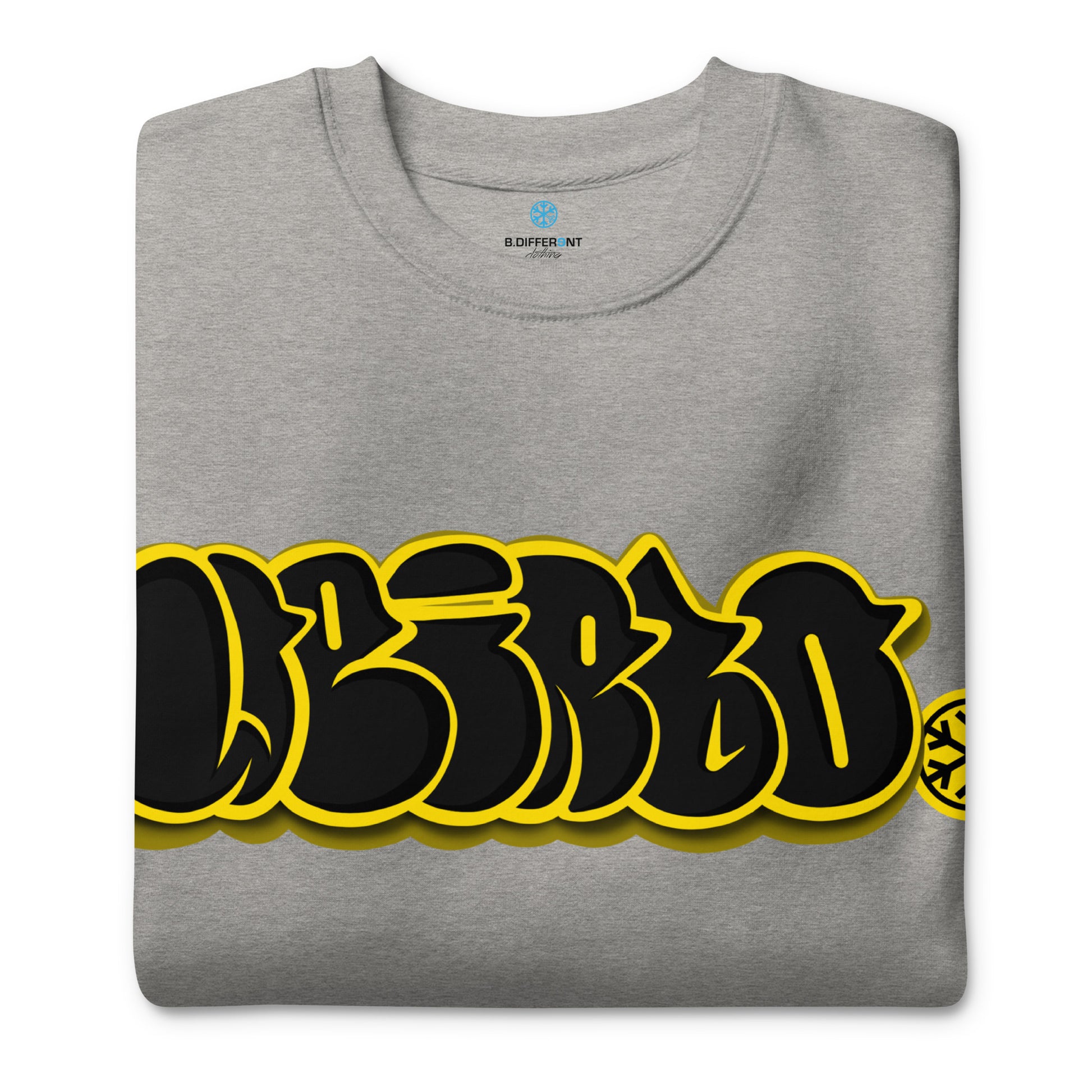 Gray-Weirdo Graffiti Throwie Sweatshirt from B.Different Clothing, folded, graffiti-inspired streetwear