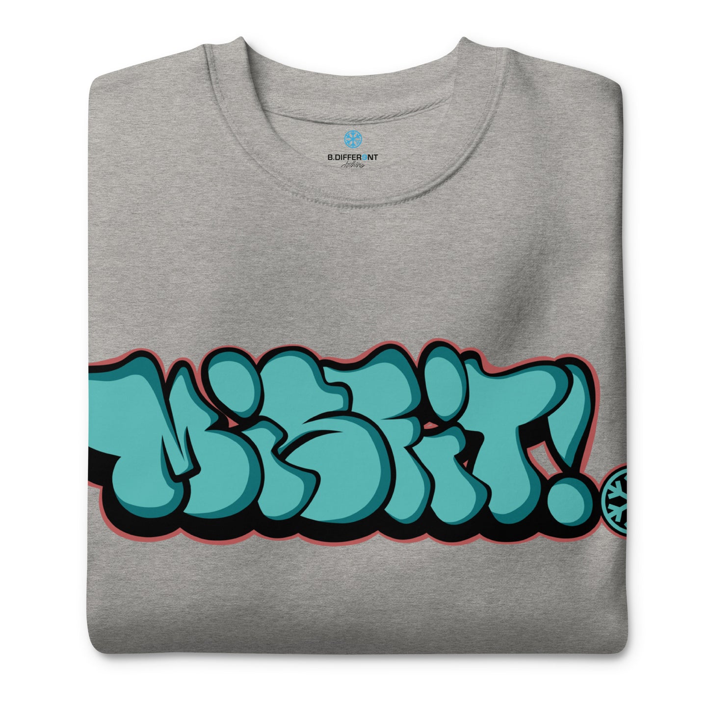 Gray-Misfit Graffiti Throwie Sweatshirt from B.Different Clothing, folded, graffiti-inspired streetwear t-shirt