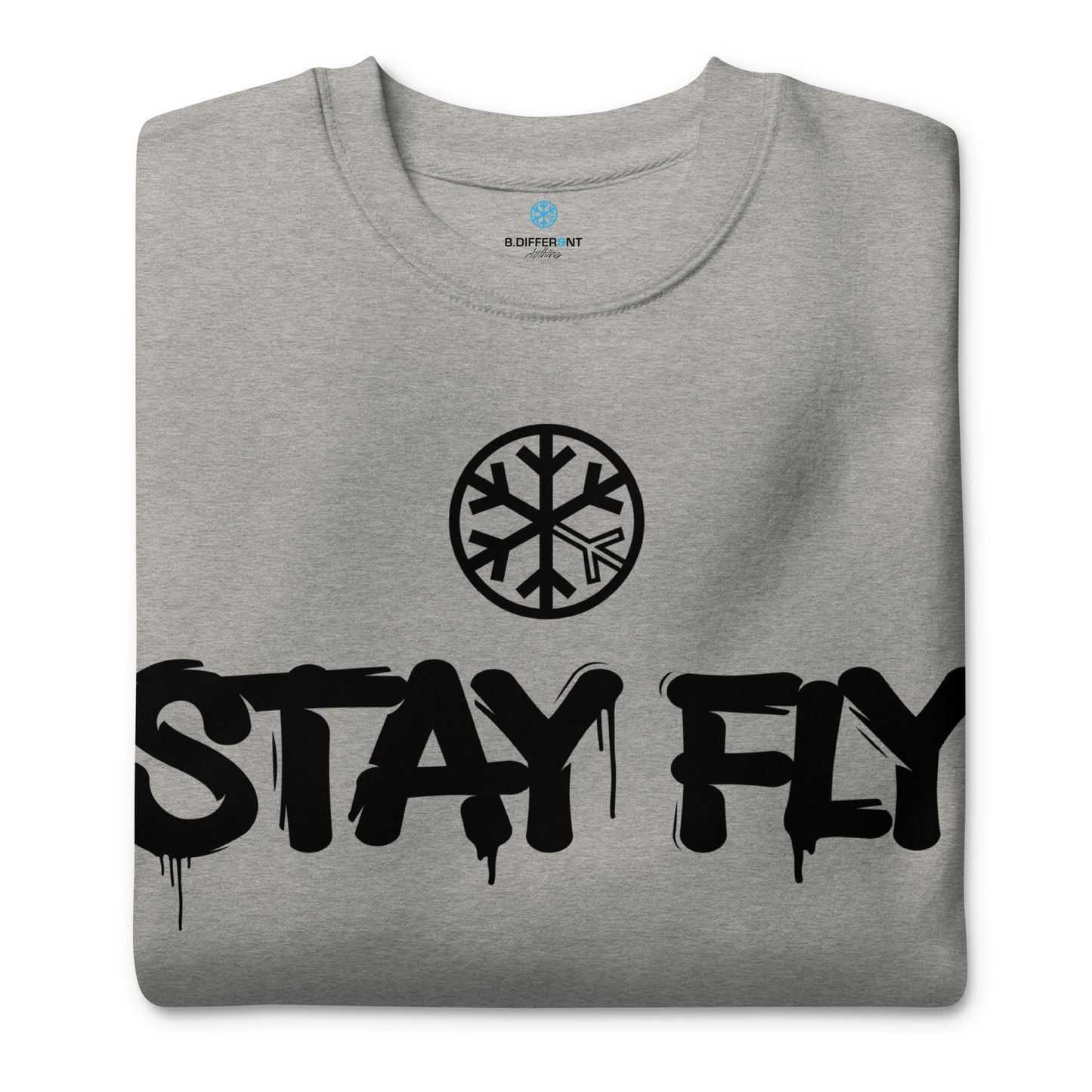 Gray-Stay Fly Graffiti Tag Sweatshirt from B.Different Clothing, folded, graffiti-inspired streetwear