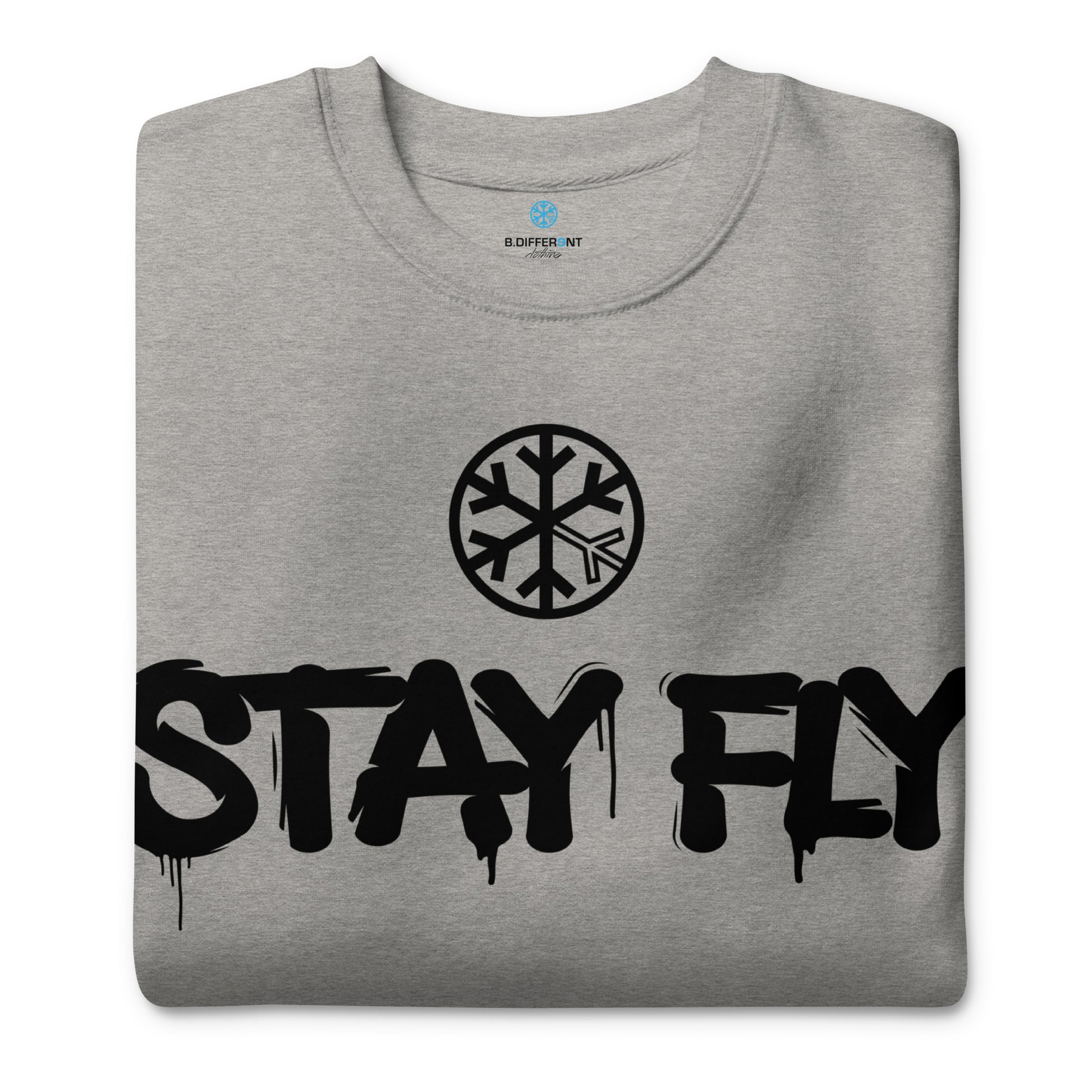 Gray-Stay Fly Graffiti Tag Sweatshirt from B.Different Clothing, folded, graffiti-inspired streetwear
