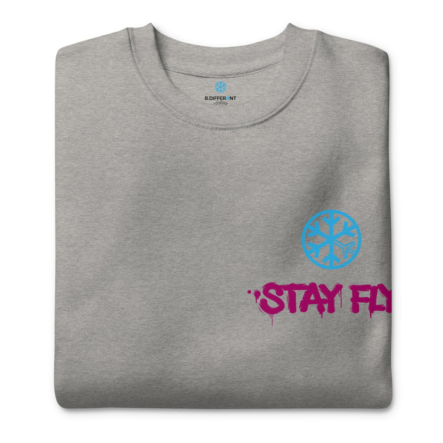 Gray-Stay Fly Graffiti Character Sweatshirt from B.Different Clothing, folded, graffiti-inspired streetwear