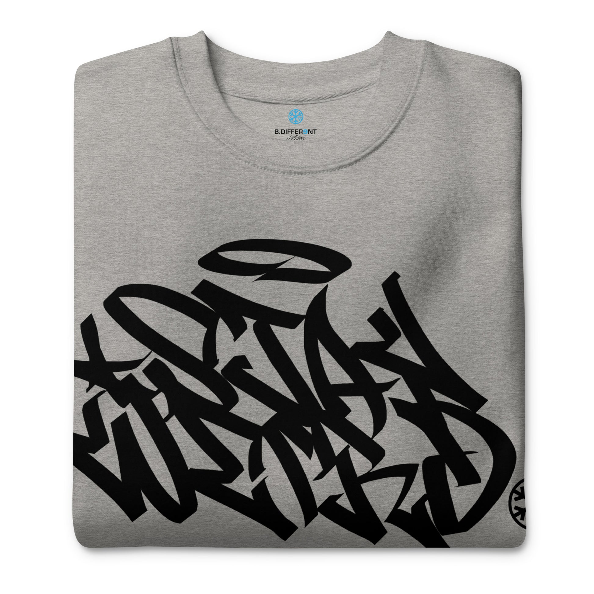Gray-Stay Weird Graffiti Tag Sweatshirt from B.Different Clothing, folded, graffiti-inspired streetwear