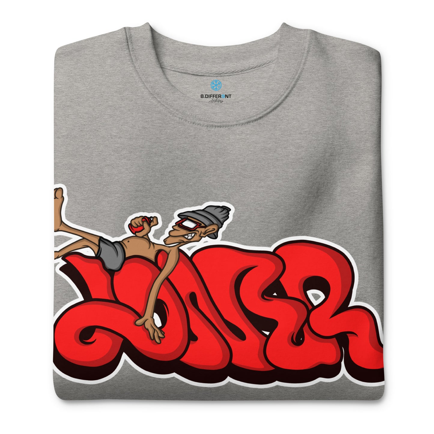 Gray-Loner Graffiti Piece Sweatshirt from B.Different Clothing, folded, graffiti-inspired streetwear