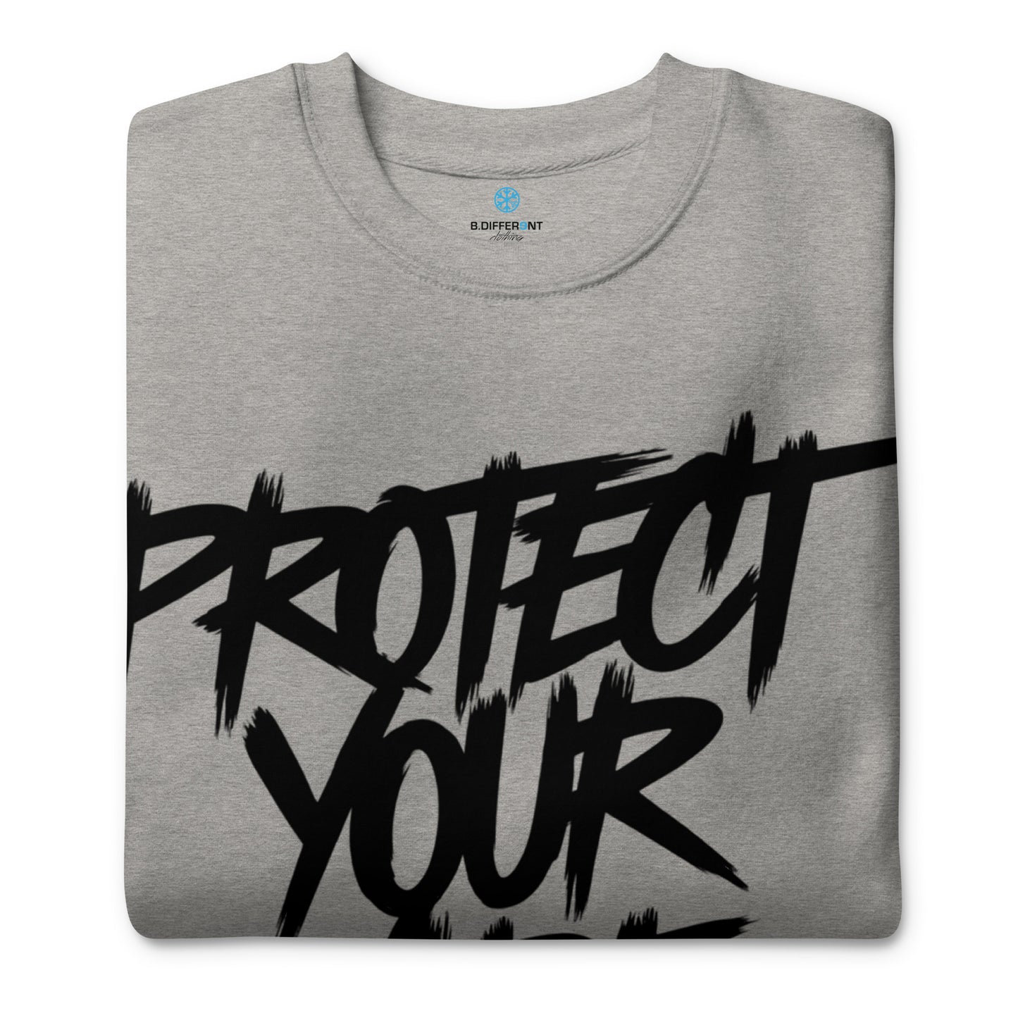 Gray-Protect Your Vibe Graffiti Tag Sweatshirt from B.Different Clothing, folded, graffiti-inspired streetwear