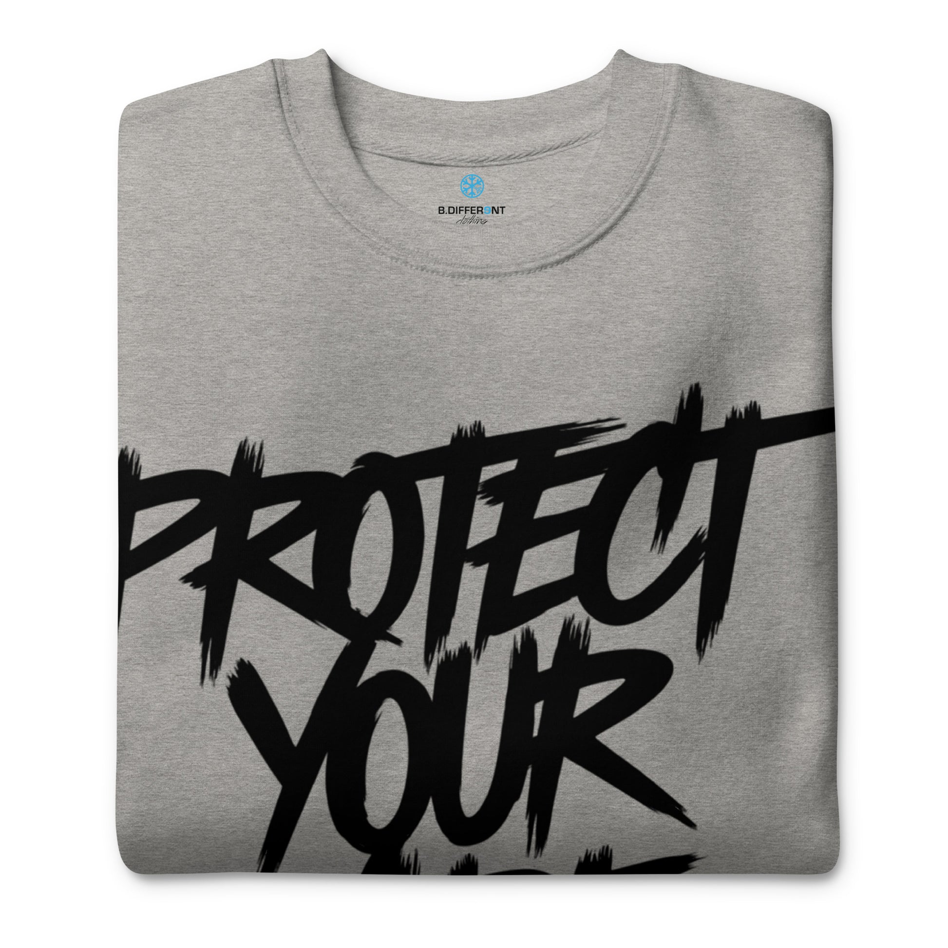 Gray-Protect Your Vibe Graffiti Tag Sweatshirt from B.Different Clothing, folded, graffiti-inspired streetwear