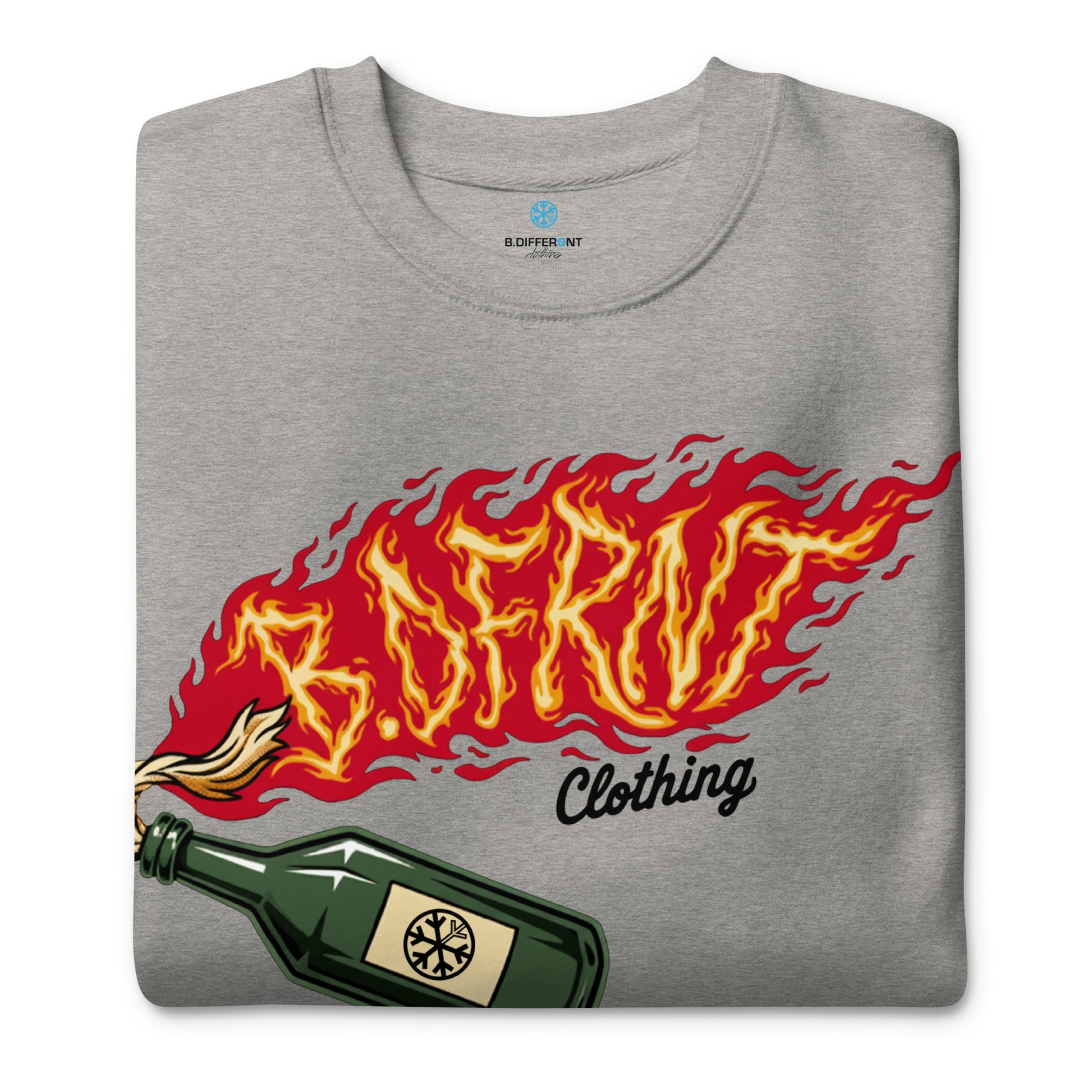 Gray-Molotov Graffiti Sweatshirt from B.Different Clothing, folded, graffiti-inspired streetwear