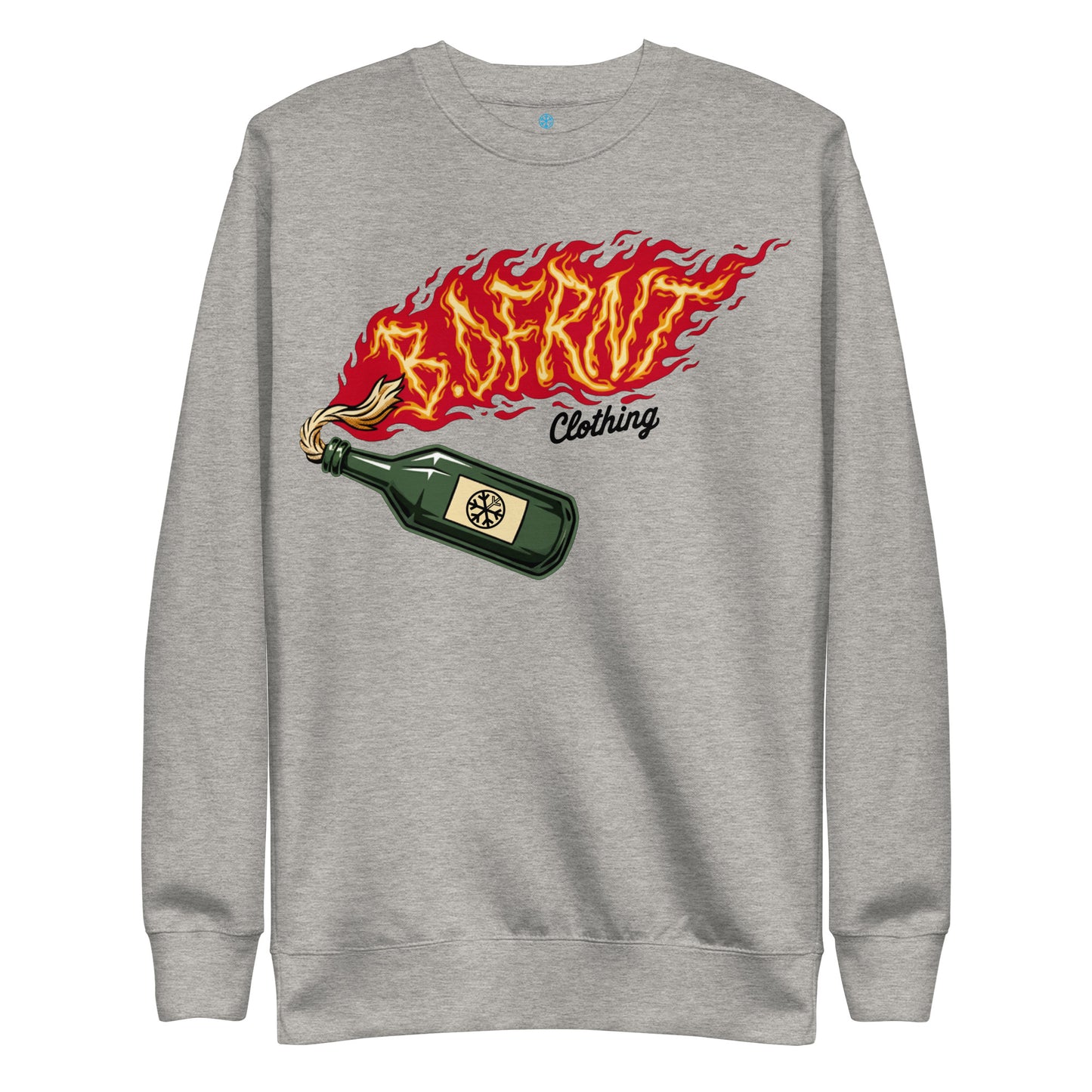 Gray-Molotov Graffiti Sweatshirt from B.Different Clothing, front view, graffiti-inspired streetwear