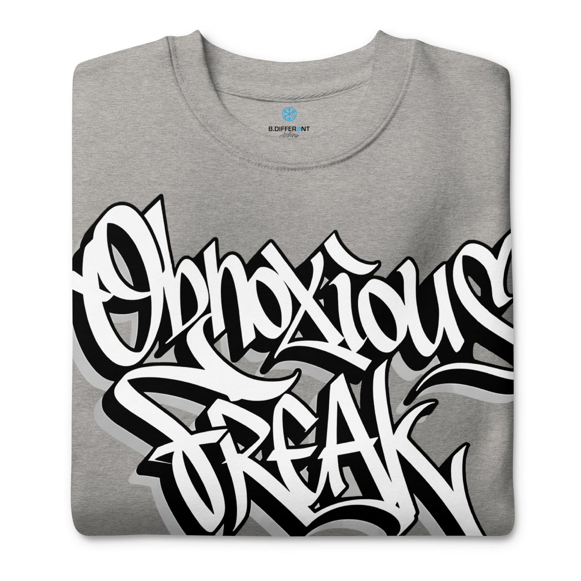 Gray-Obnoxious Freak Graffiti Sweatshirt from B.Different Clothing, folded, graffiti-inspired streetwear