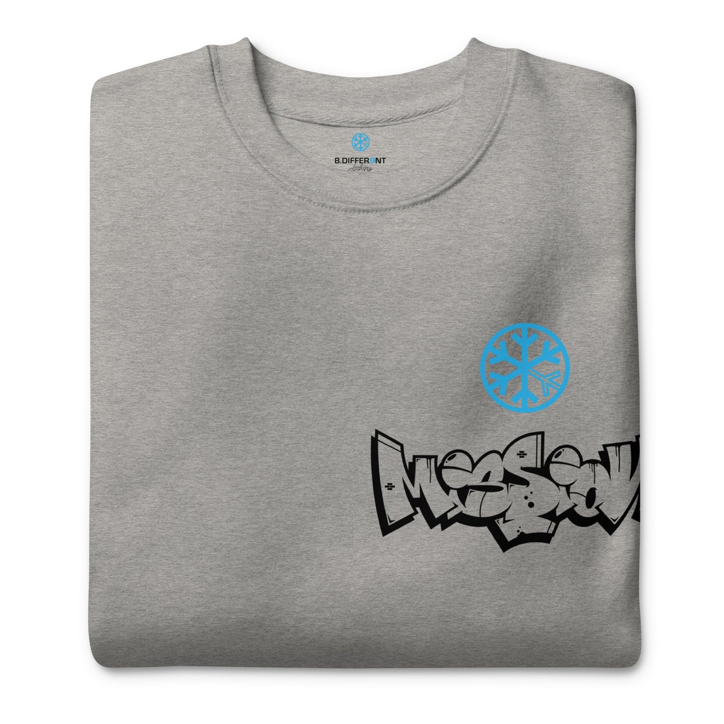Gray-Mission Graffiti Character Sweatshirt from B.Different Clothing, folded, graffiti-inspired streetwear