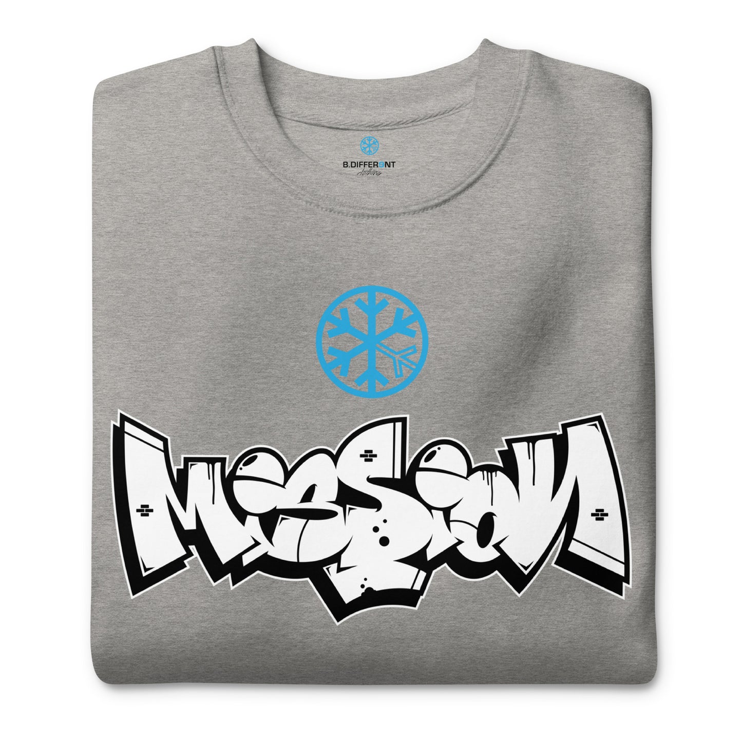 Gray-Mission Graffiti Piece Sweatshirt from B.Different Clothing, folded, graffiti-inspired streetwear