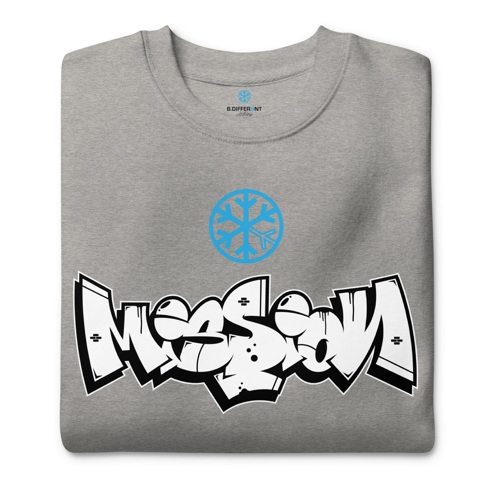 Gray-Mission Graffiti Piece Sweatshirt from B.Different Clothing, folded, graffiti-inspired streetwear