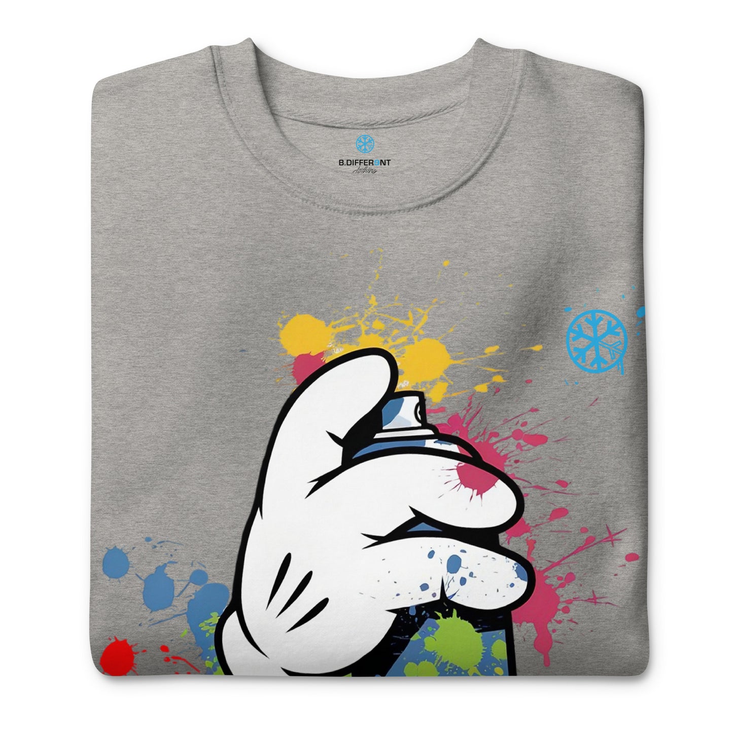 Gray-Hand Spray Can Graffiti Sweatshirt from B.Different Clothing, folded, graffiti-inspired streetwear