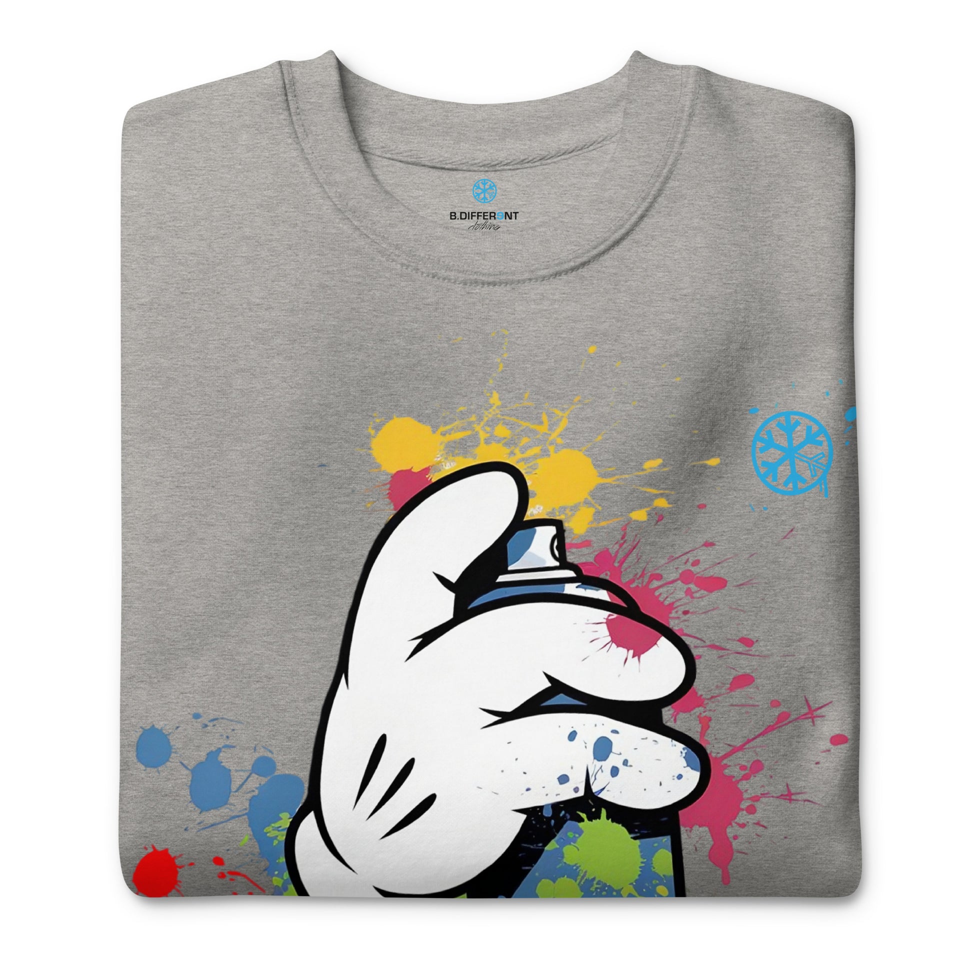 Gray-Hand Spray Can Graffiti Sweatshirt from B.Different Clothing, folded, graffiti-inspired streetwear