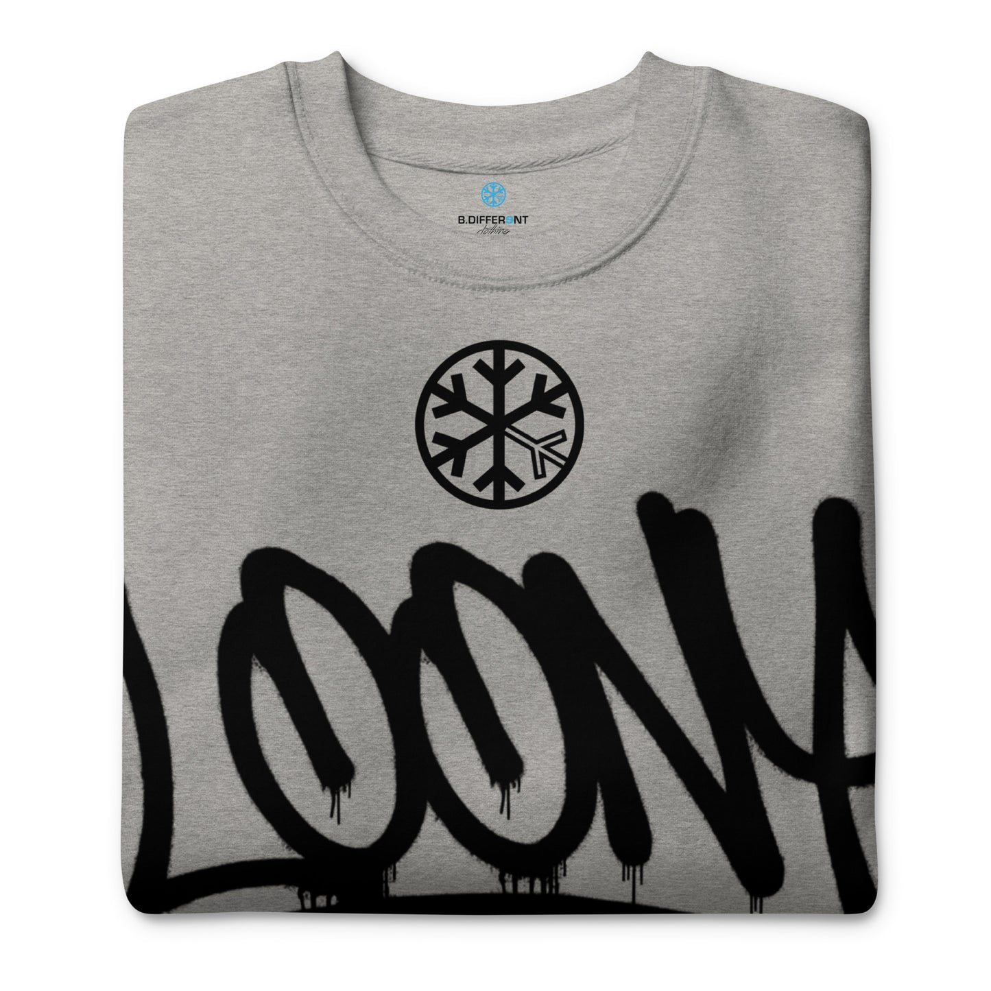 Gray-Loony Graffiti Tag Sweatshirt from B.Different Clothing, folded, graffiti-inspired streetwear