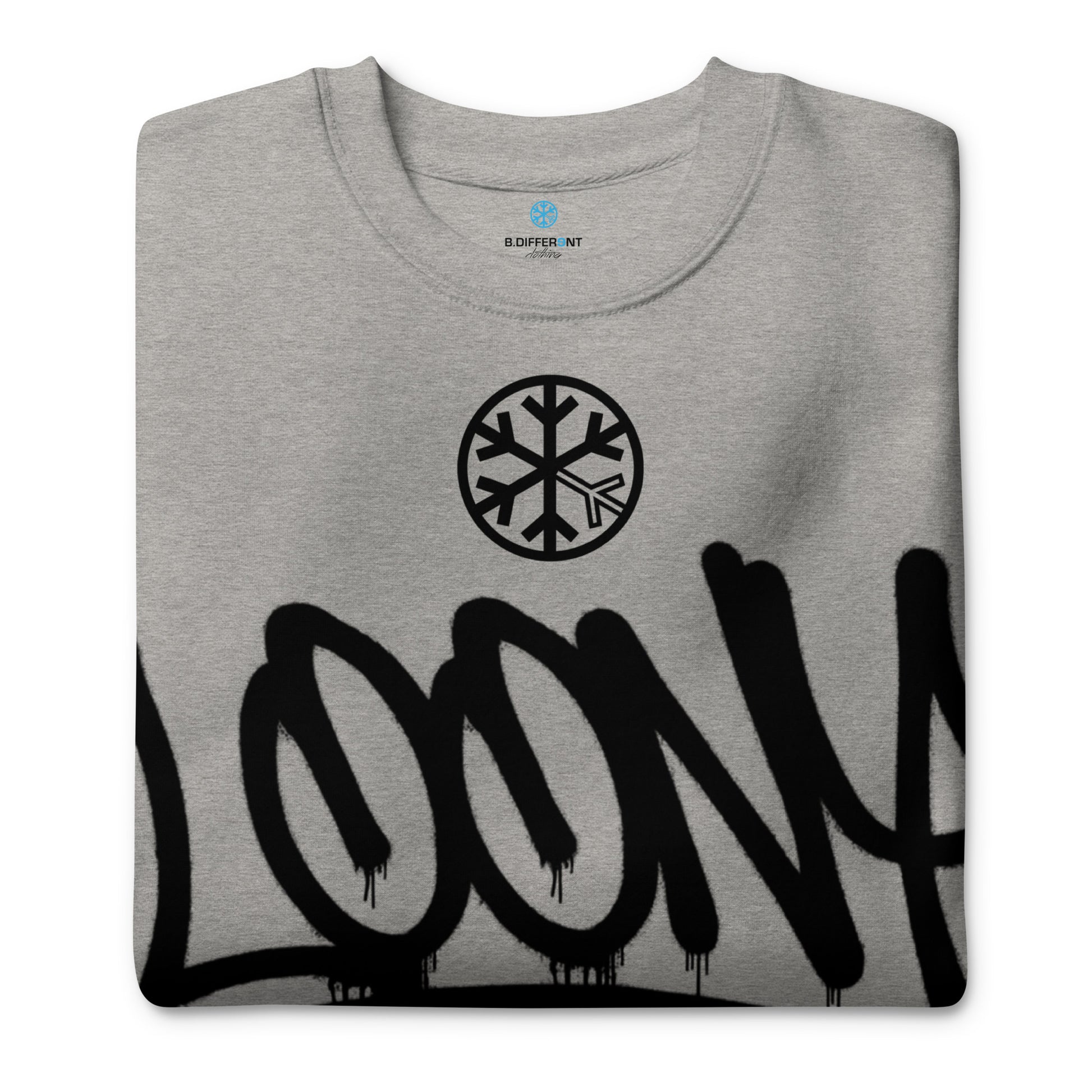 Gray-Loony Graffiti Tag Sweatshirt from B.Different Clothing, folded, graffiti-inspired streetwear