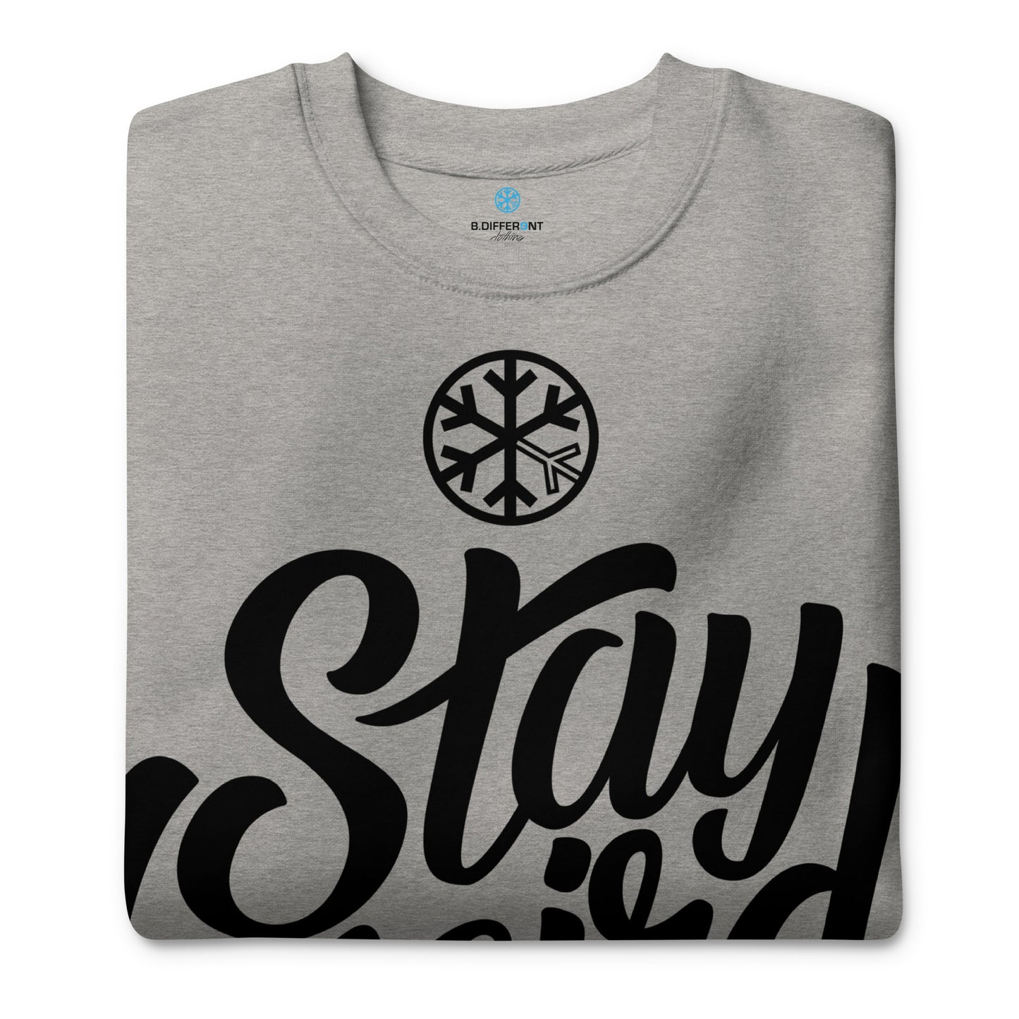 Gray-Stay Weird Sweatshirt from B.Different Clothing, folded, graffiti-inspired streetwear
