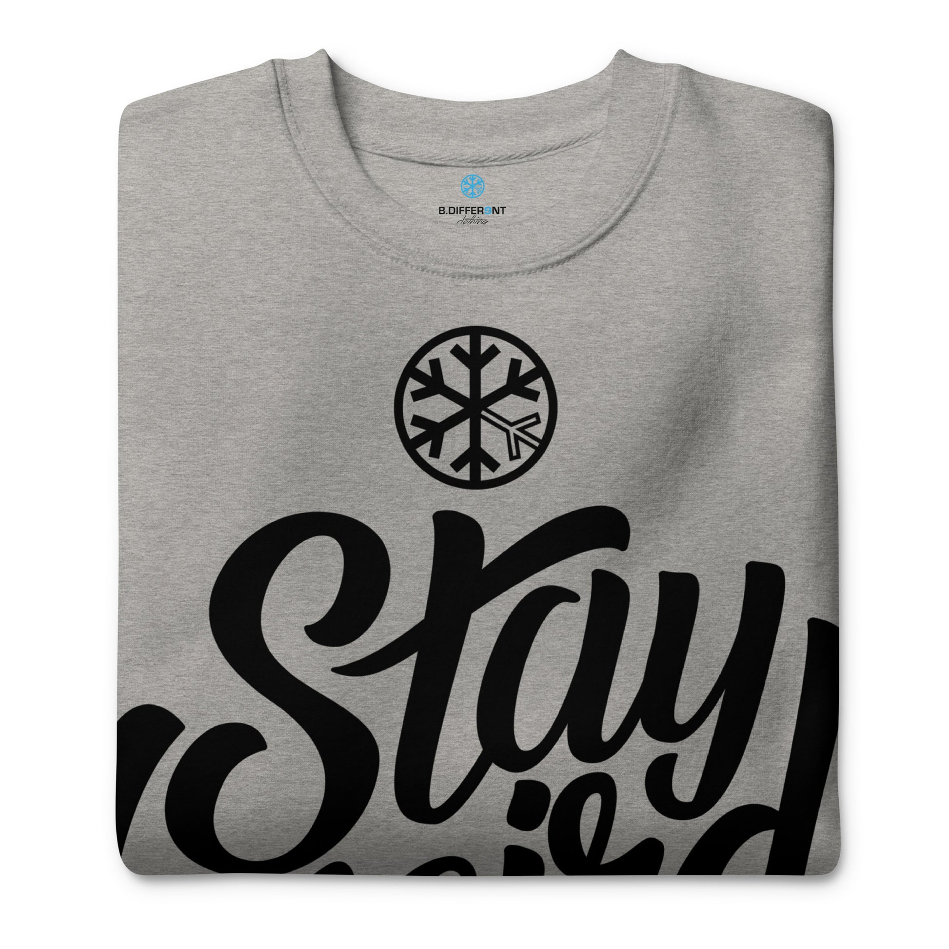 Gray-Stay Weird Sweatshirt from B.Different Clothing, folded, graffiti-inspired streetwear