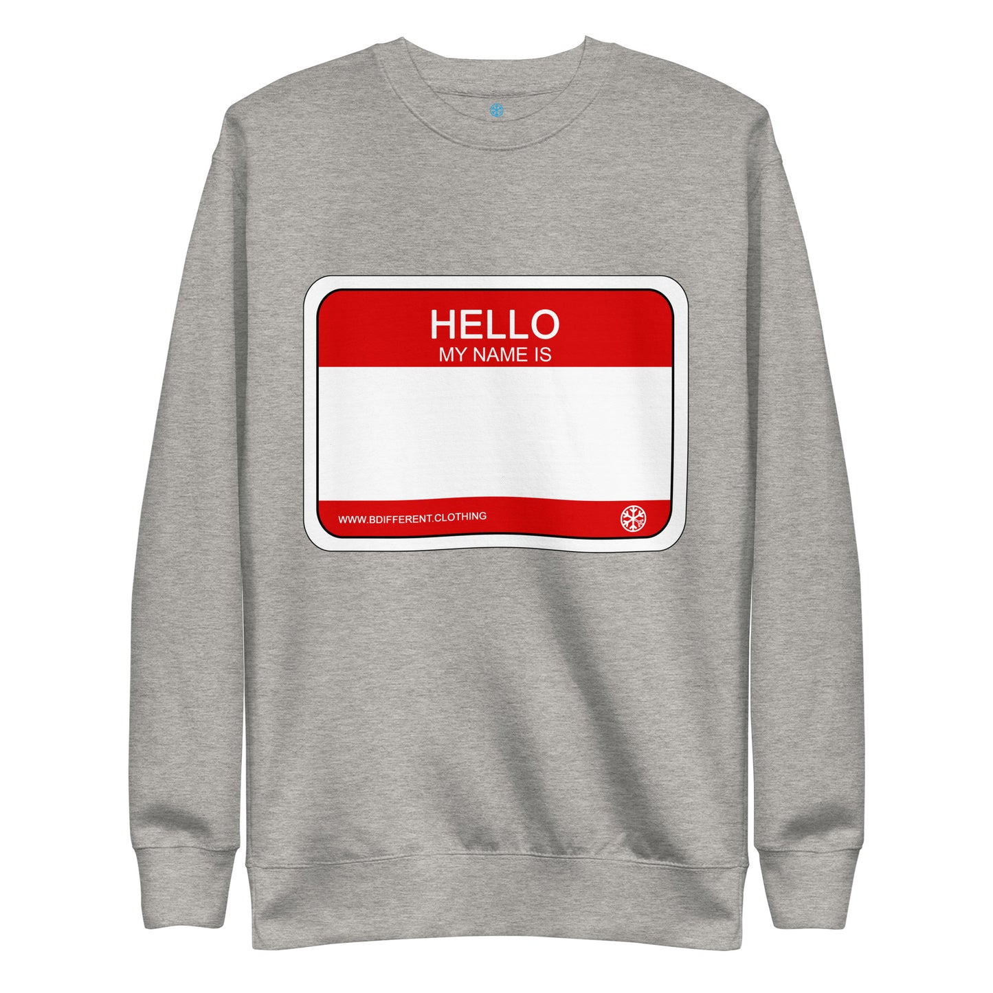 Gray-Hello My Name Is Sticker Graffiti Sweatshirt from B.Different Clothing, front view, graffiti-inspired streetwear