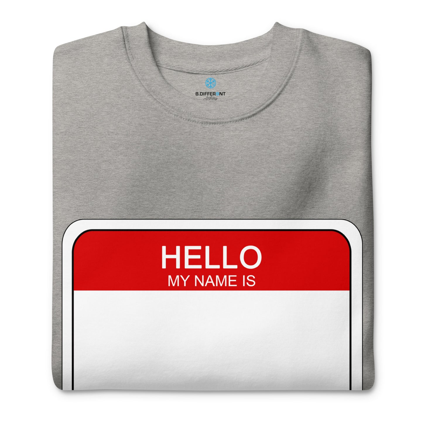 Gray-Hello My Name Is Sticker Graffiti Sweatshirt from B.Different Clothing, folded, graffiti-inspired streetwear