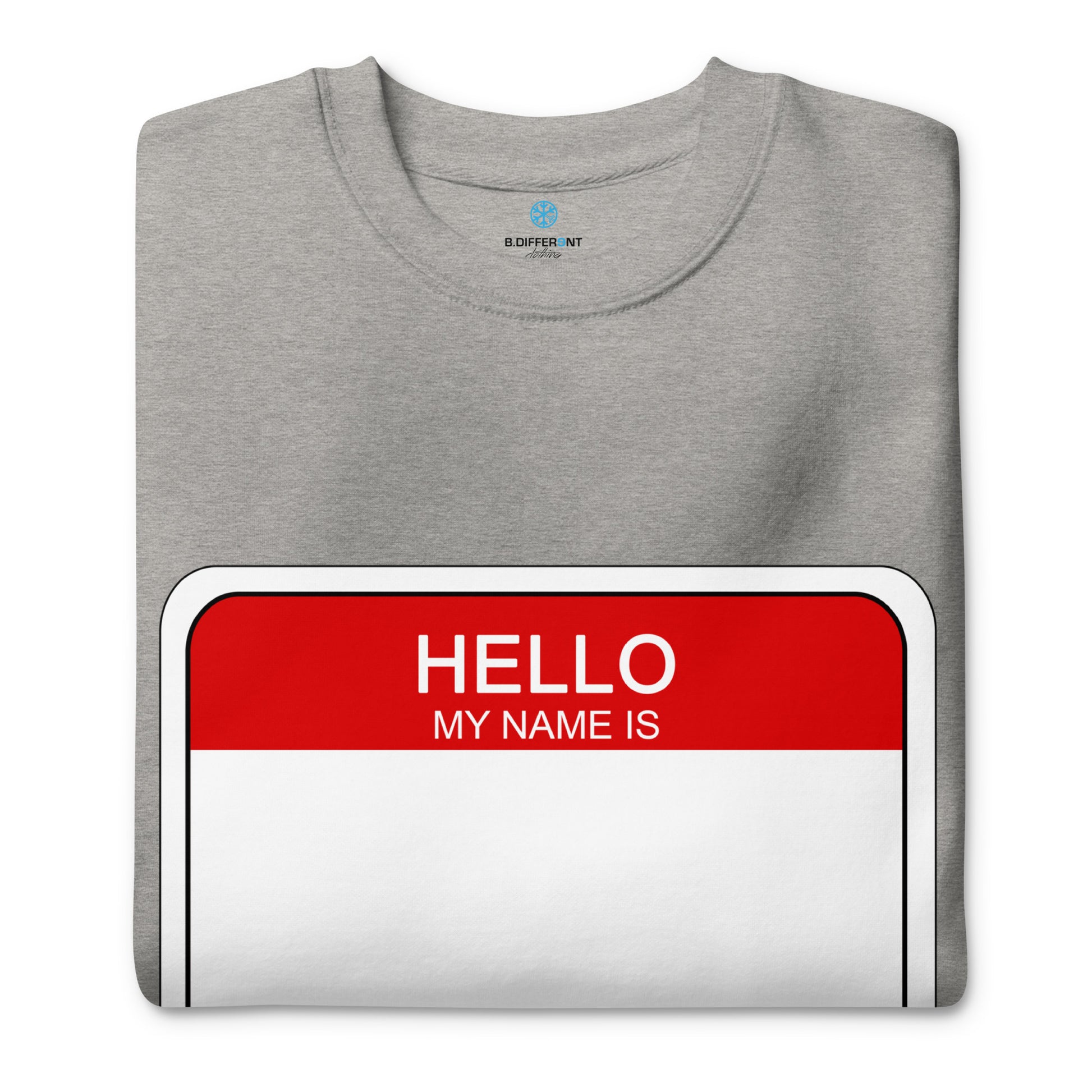 Gray-Hello My Name Is Sticker Graffiti Sweatshirt from B.Different Clothing, folded, graffiti-inspired streetwear