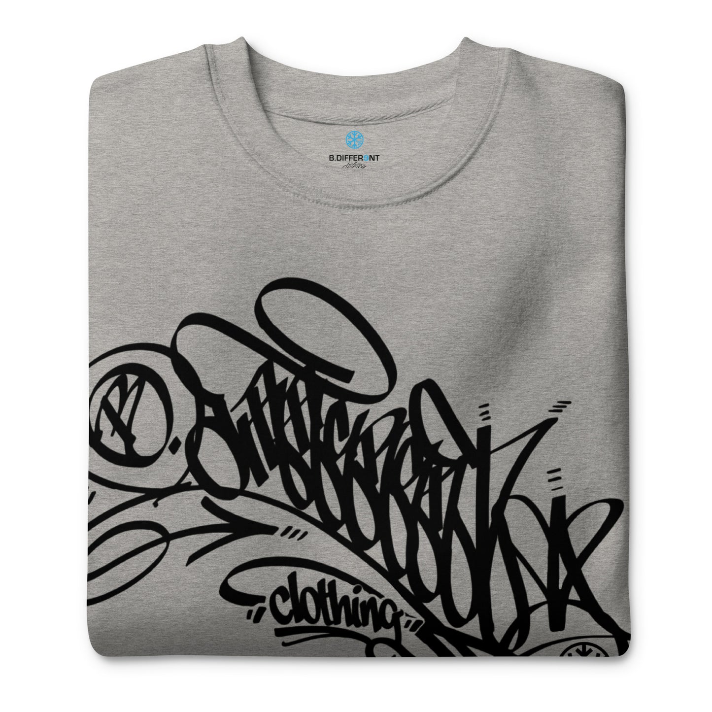 Gray-B.Different Clothing Graffiti Tag Sweatshirt from B.Different Clothing, folded, graffiti-inspired streetwear