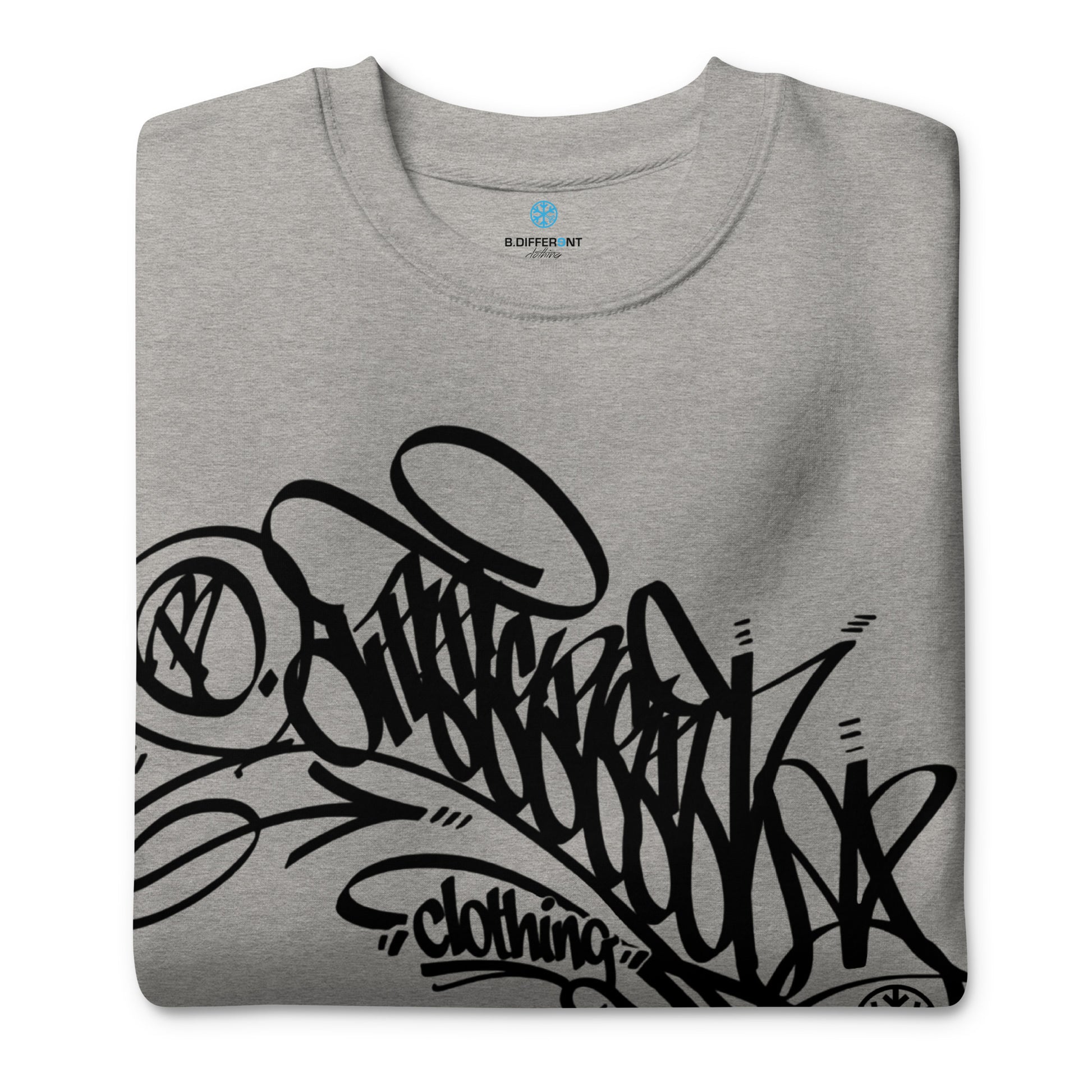 Gray-B.Different Clothing Graffiti Tag Sweatshirt from B.Different Clothing, folded, graffiti-inspired streetwear