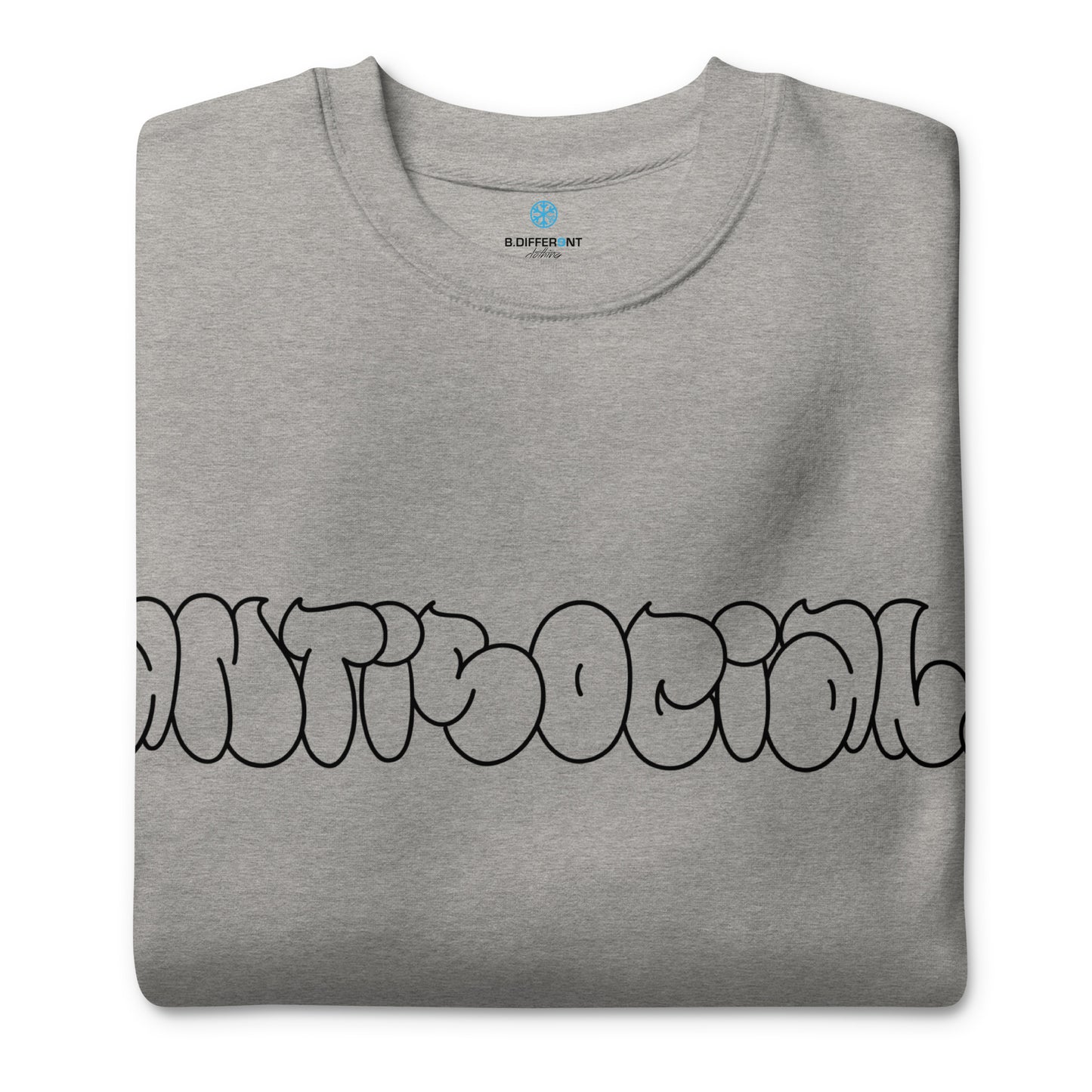 Gray-Antisocial Graffiti Hollow Sweatshirt from B.Different Clothing, folded, graffiti-inspired streetwear
