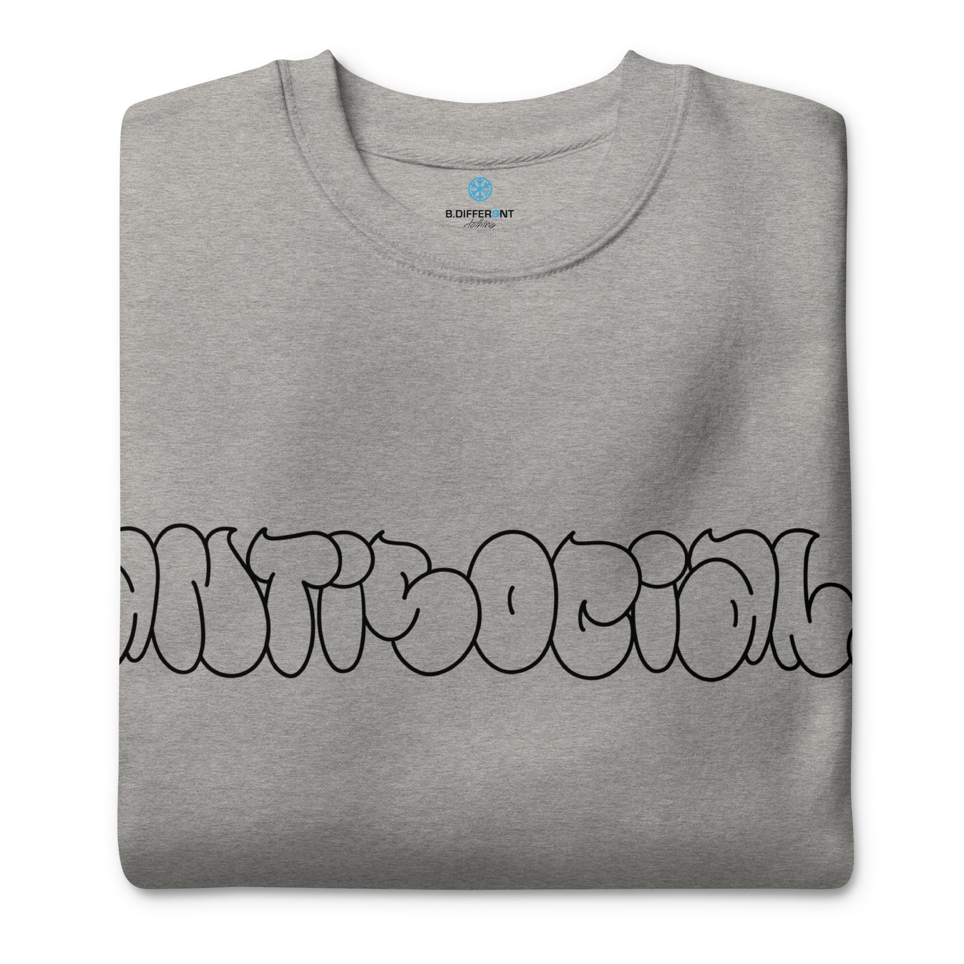 Gray-Antisocial Graffiti Hollow Sweatshirt from B.Different Clothing, folded, graffiti-inspired streetwear