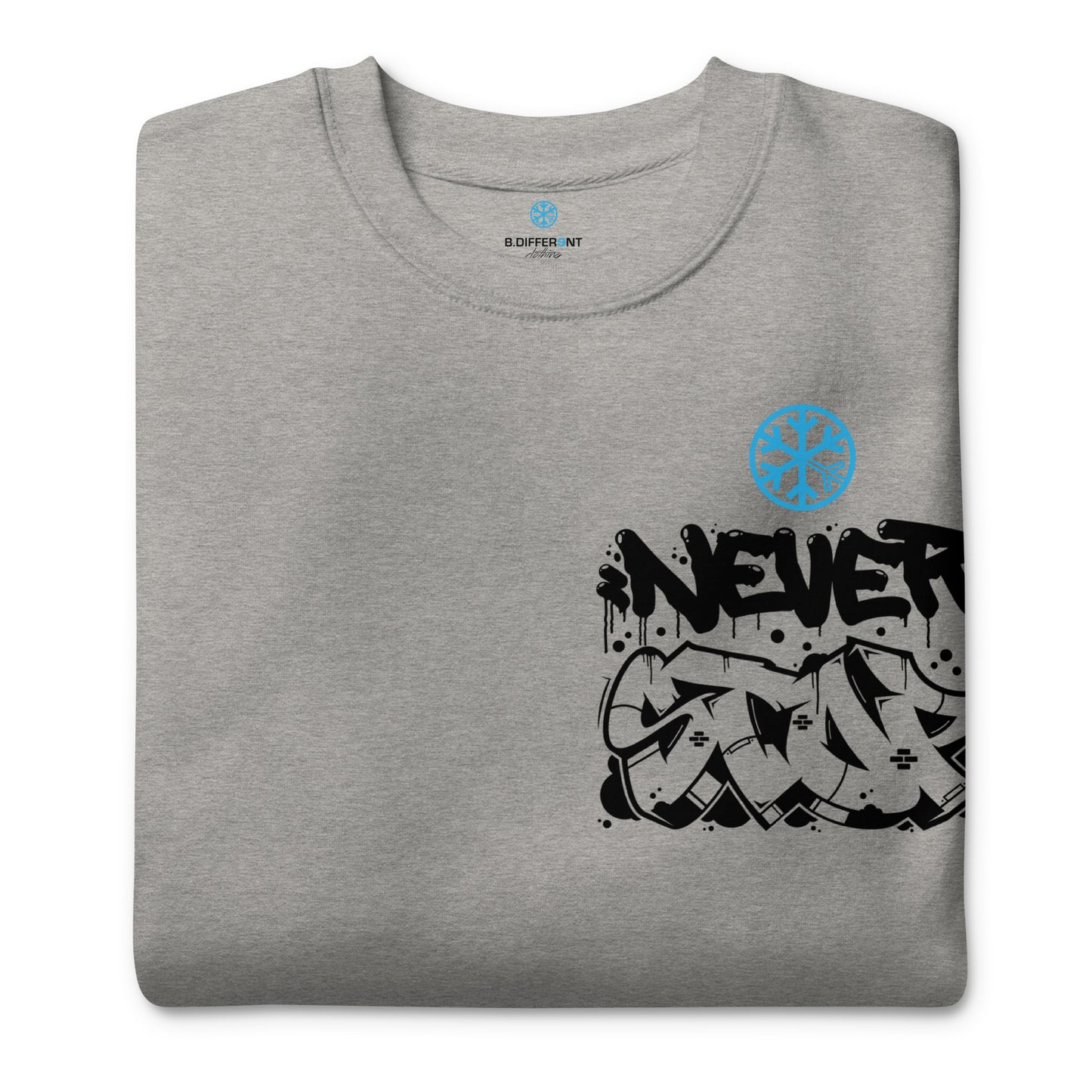Gray-Never Stop Graffiti Character Sweatshirt from B.Different Clothing, folded, graffiti-inspired streetwear