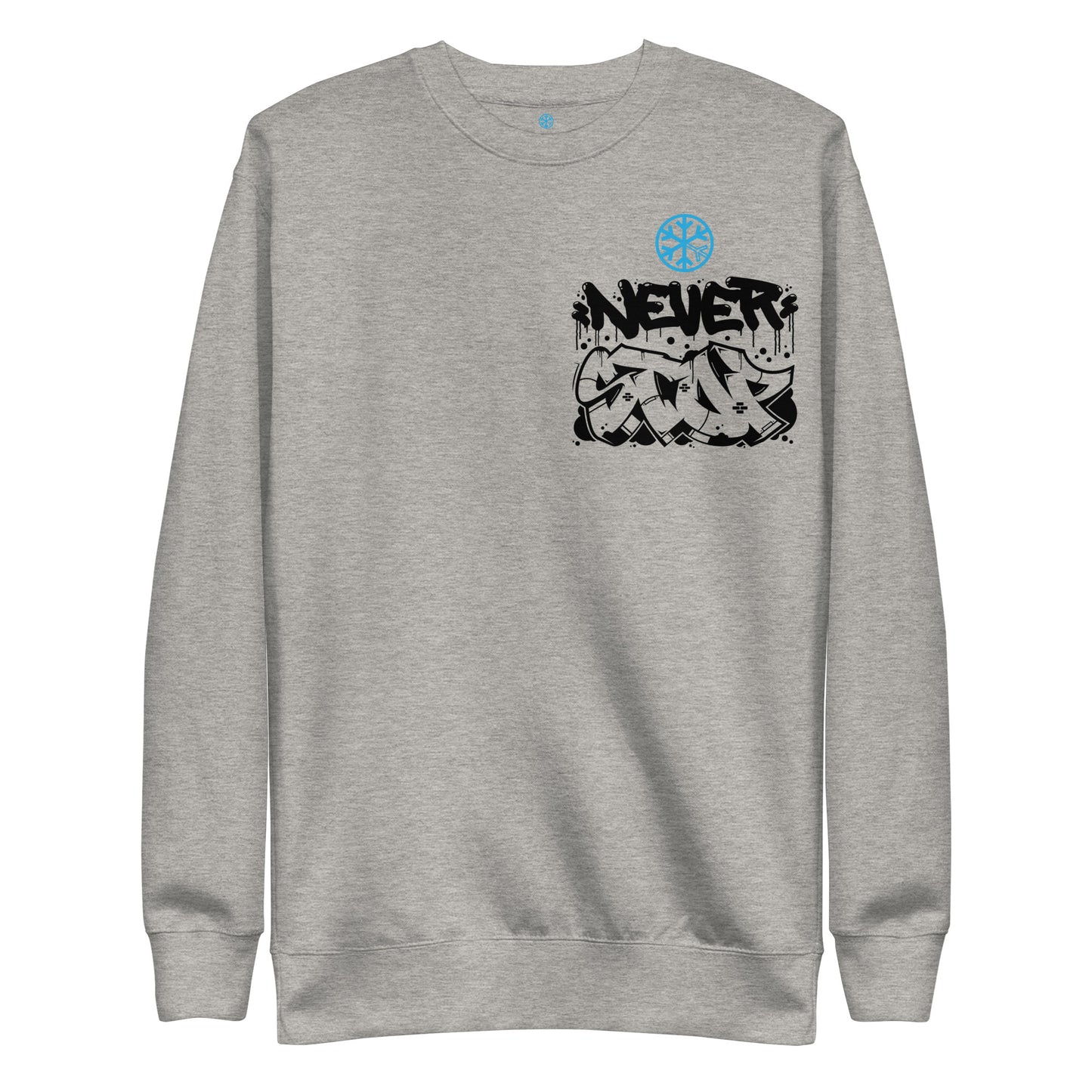 Gray-Never Stop Graffiti Character Sweatshirt from B.Different Clothing, front view, graffiti-inspired streetwear