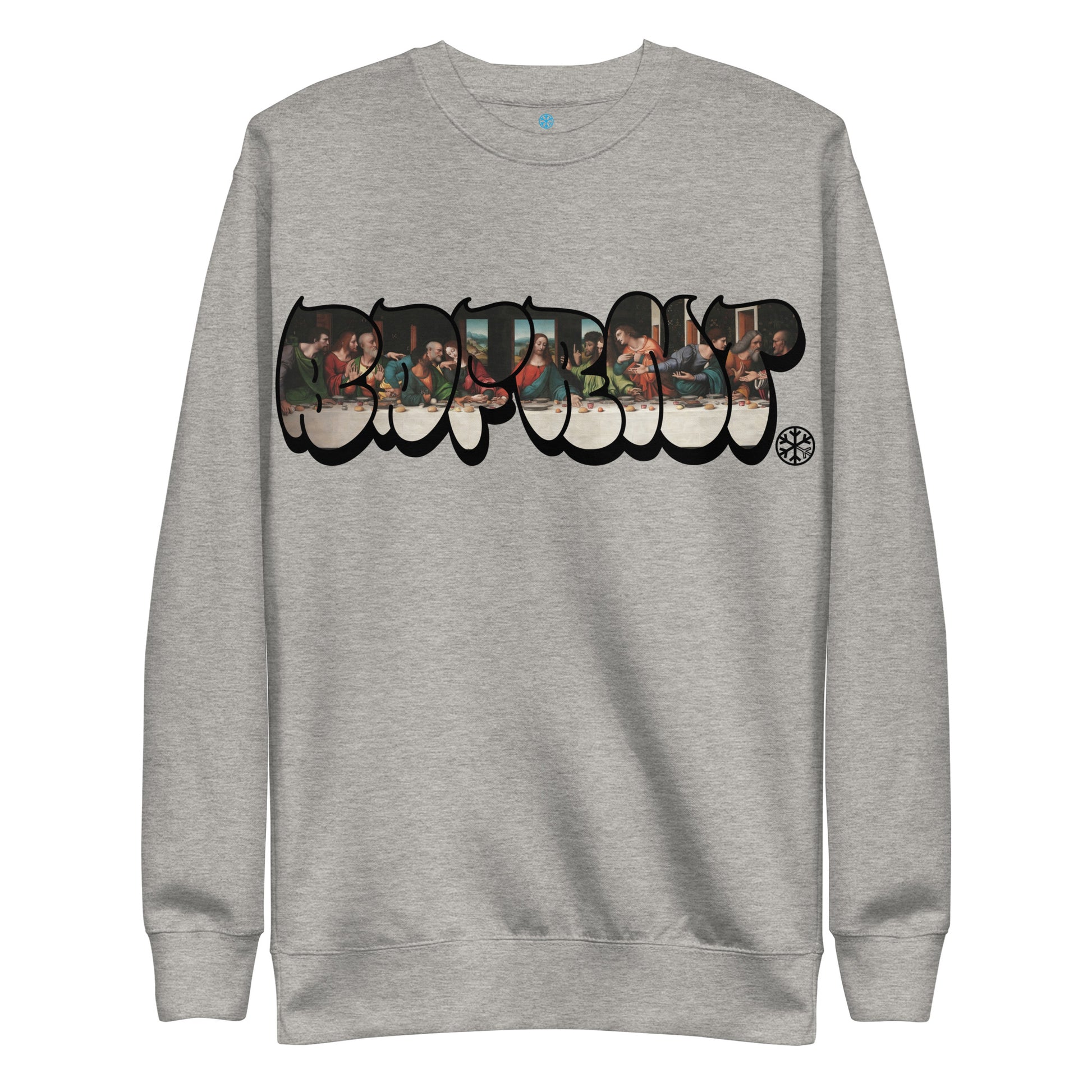 Gray-BDFRNT Throwie x Last Supper Graffiti Sweatshirt from B.Different Clothing, front view, graffiti-inspired streetwear