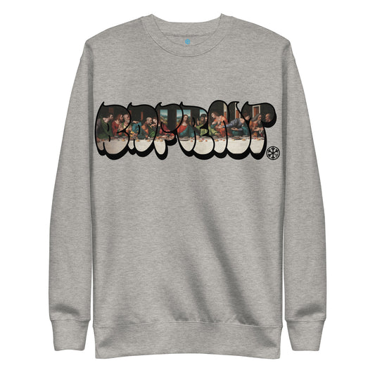 Gray-BDFRNT Throwie x Last Supper Graffiti Sweatshirt from B.Different Clothing, front view, graffiti-inspired streetwear