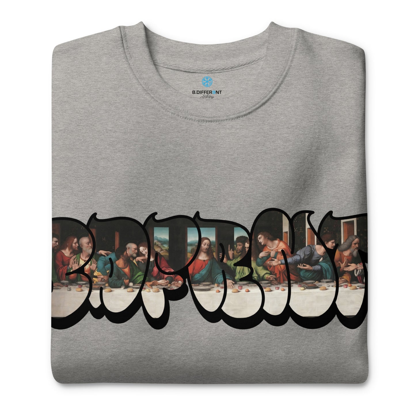 Gray-BDFRNT Throwie x Last Supper Graffiti Sweatshirt from B.Different Clothing, folded, graffiti-inspired streetwear