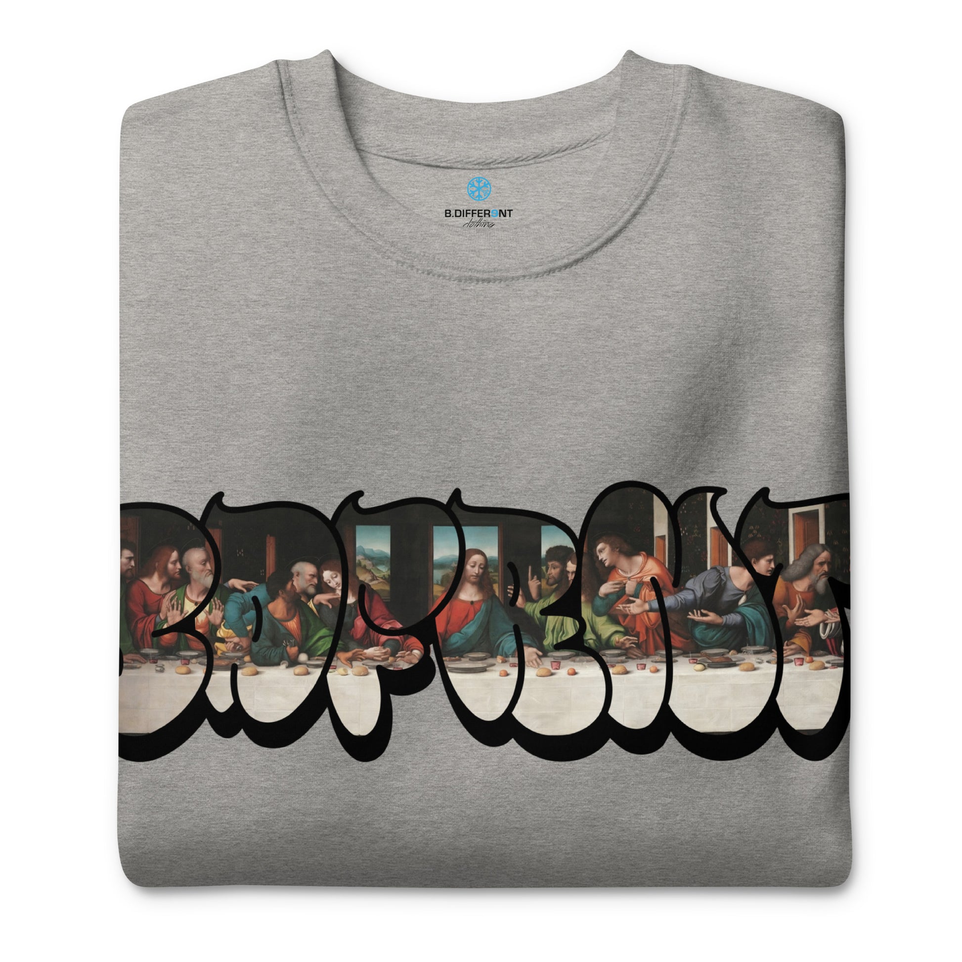 Gray-BDFRNT Throwie x Last Supper Graffiti Sweatshirt from B.Different Clothing, folded, graffiti-inspired streetwear
