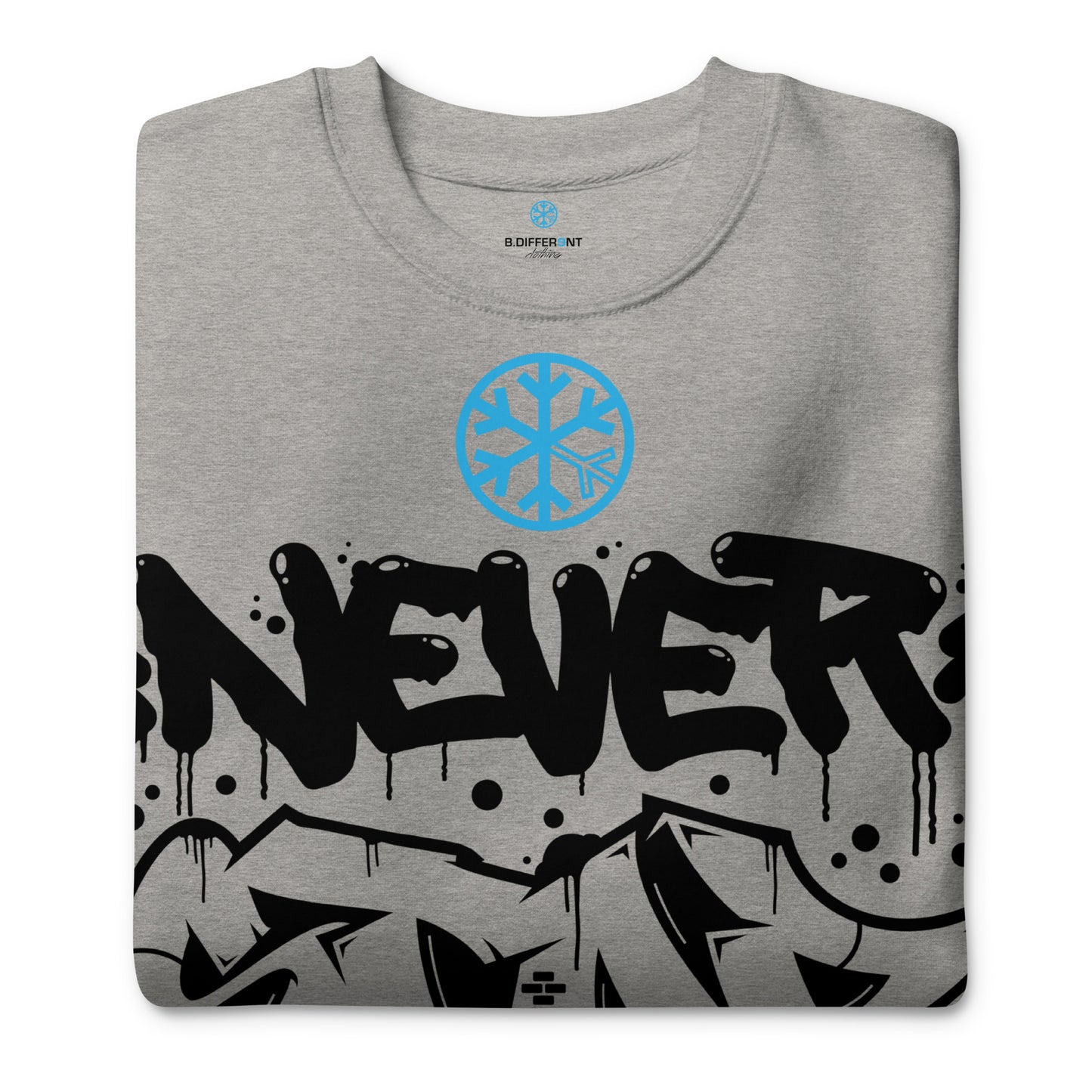 Gray-Never Stop Graffiti Piece Sweatshirt from B.Different Clothing, folded, graffiti-inspired streetwear