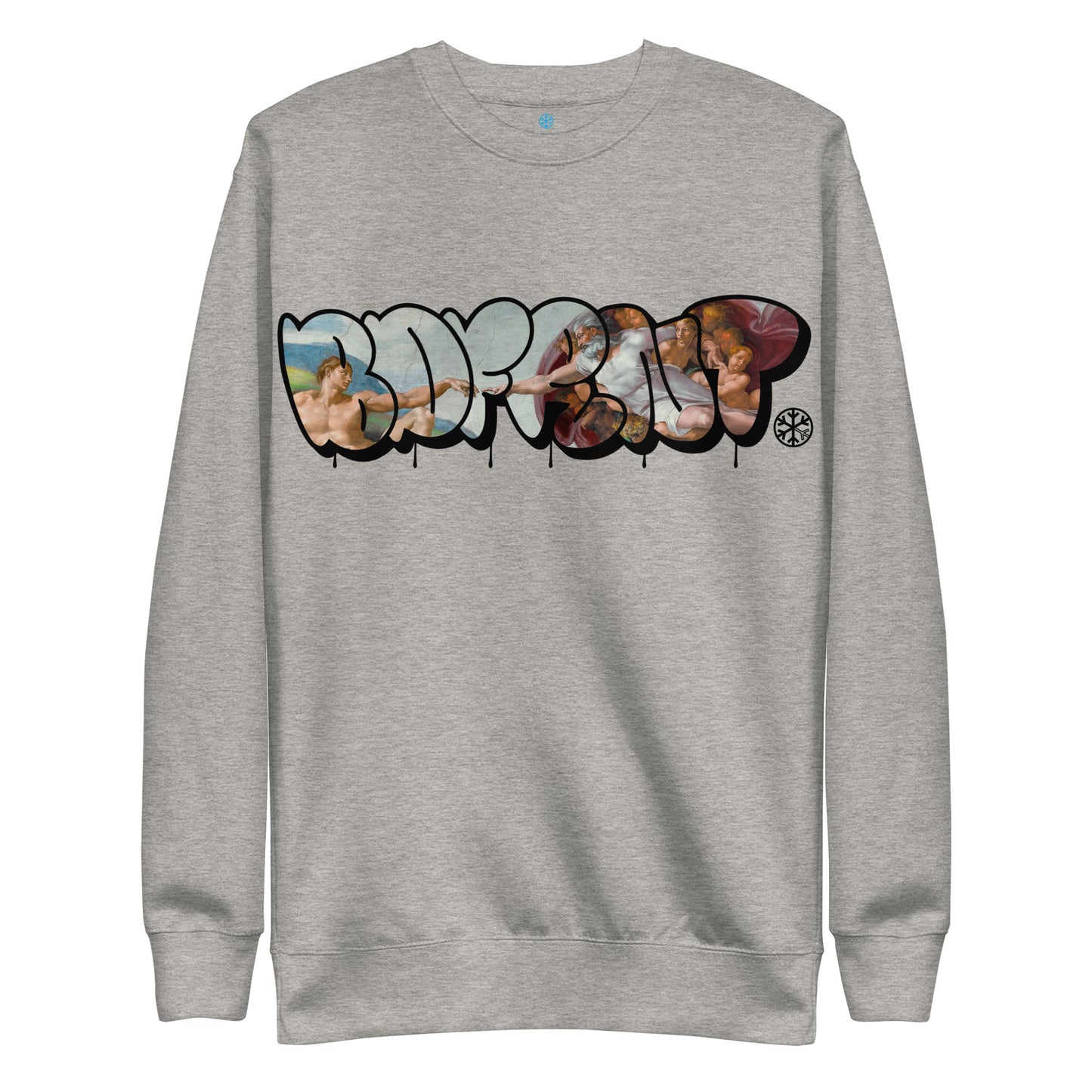 Gray-BDFRNT Throwie x Creation of Adam Graffiti Sweatshirt from B.Different Clothing, front view, graffiti-inspired streetwear