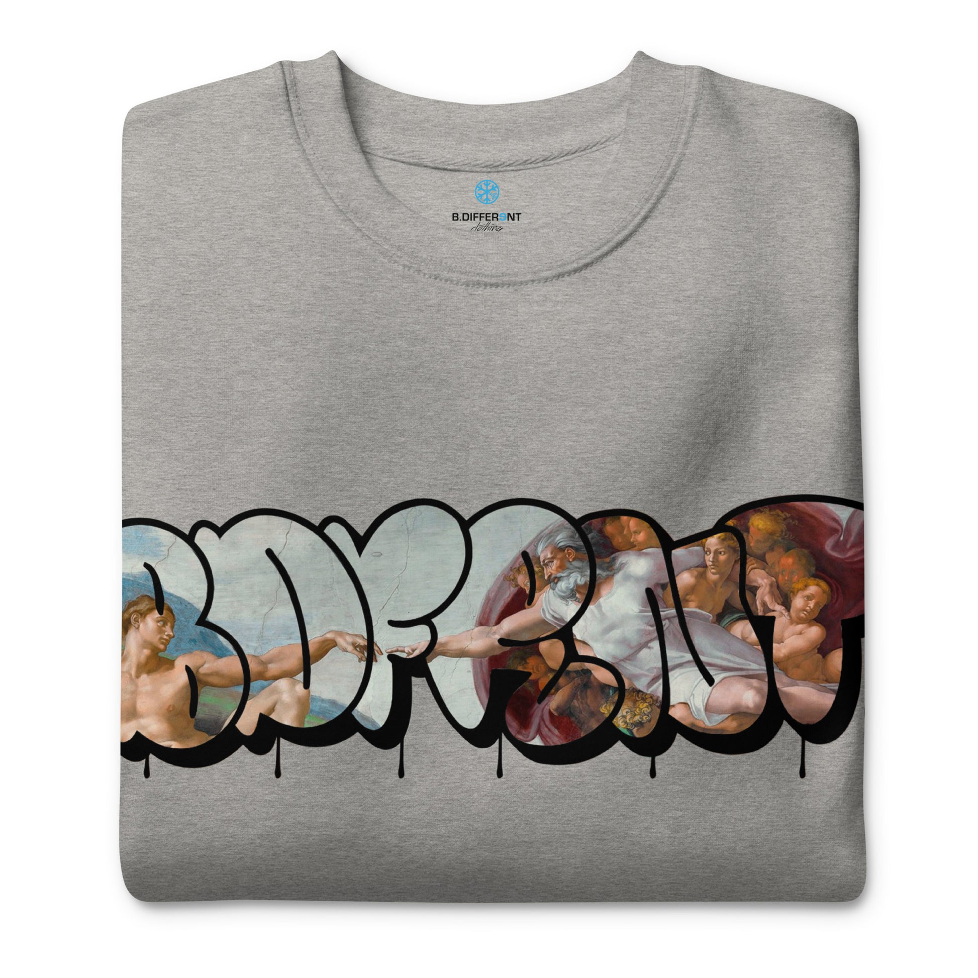 Gray-BDFRNT Throwie x Creation of Adam Graffiti Sweatshirt from B.Different Clothing, folded, graffiti-inspired streetwear